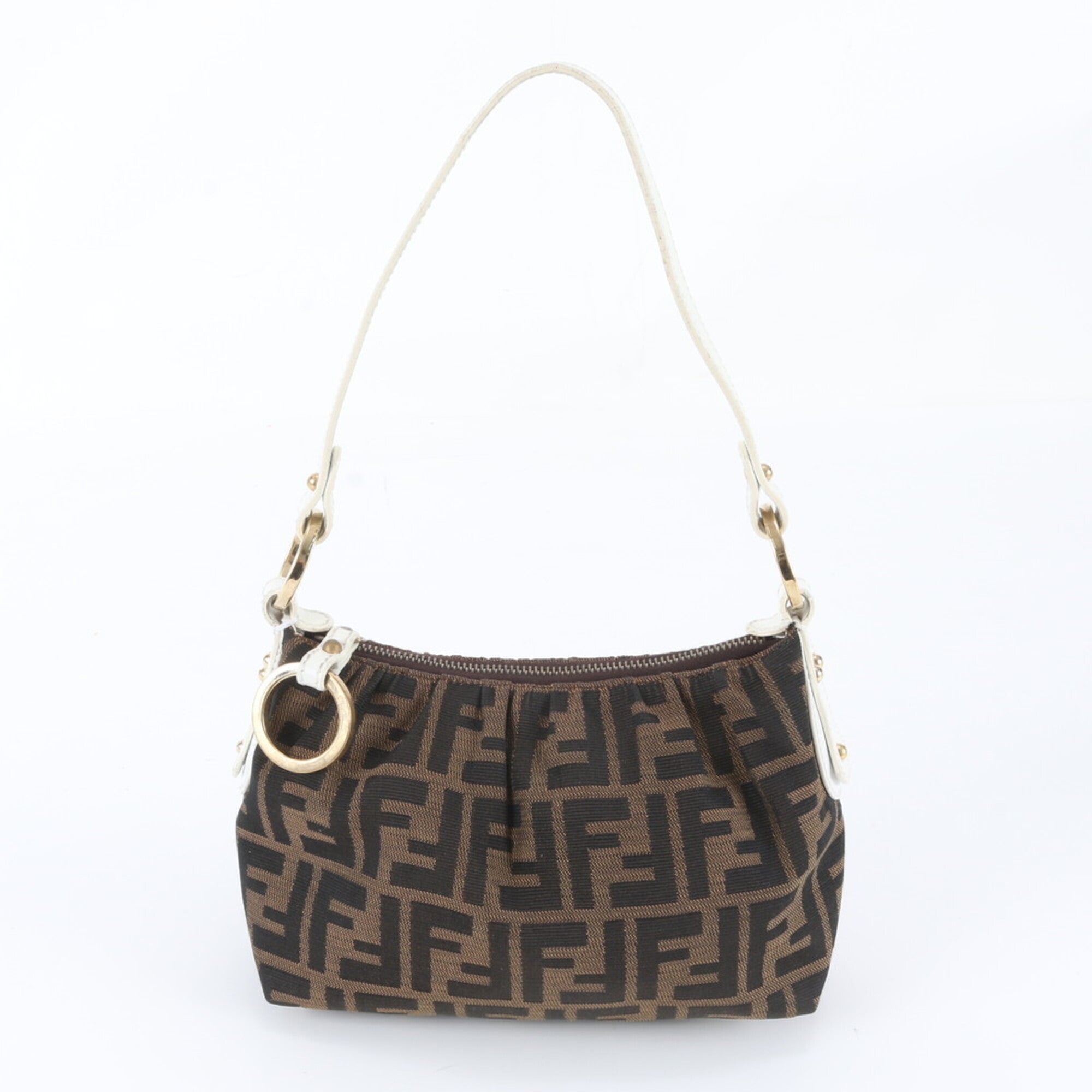 Fendi Brown White Leather Canvas Pouch Shoulder Bag (Pre-Owned)