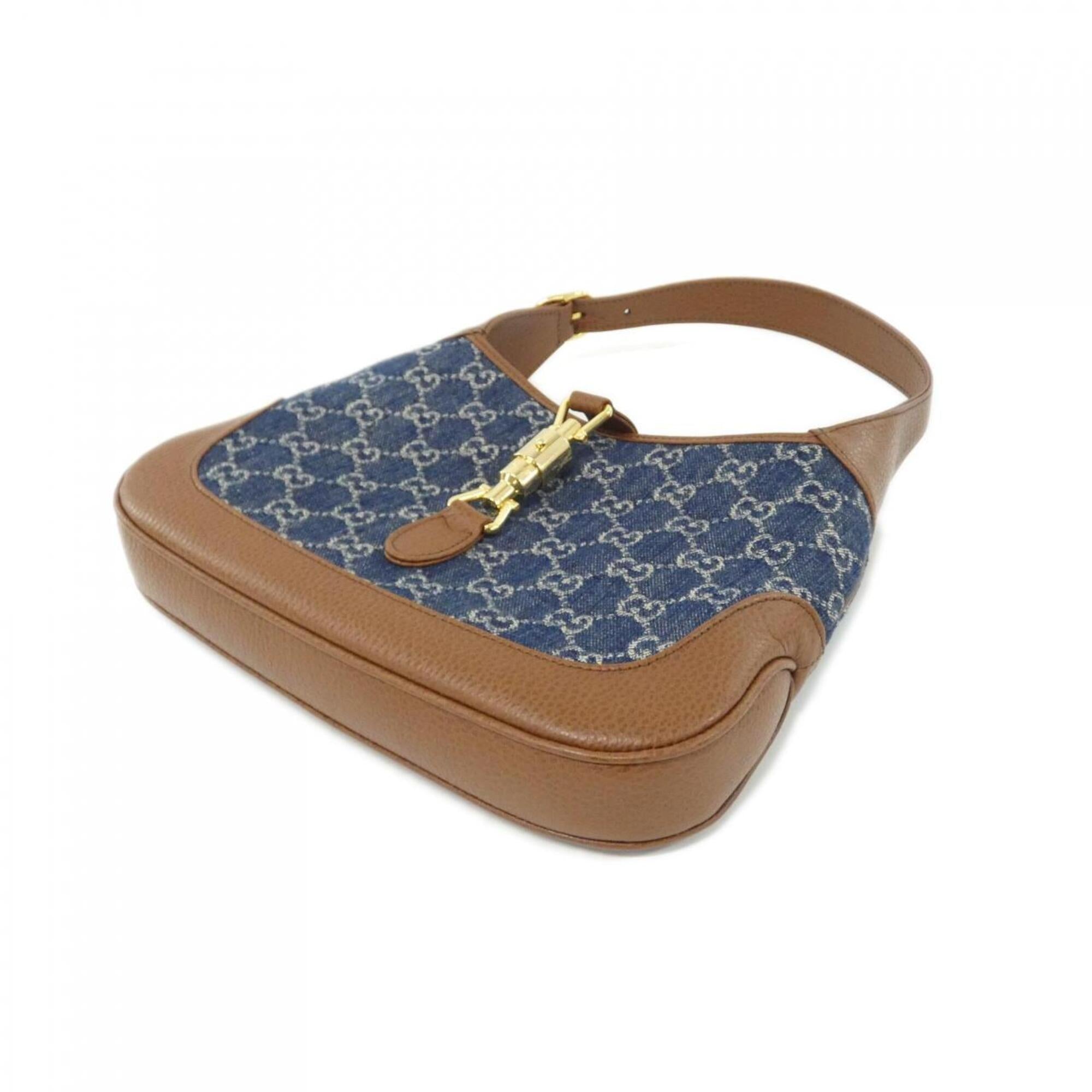 Gucci Brown Dark Blue Jacquard Denim Leather Shoulder Bag (Pre-Owned)