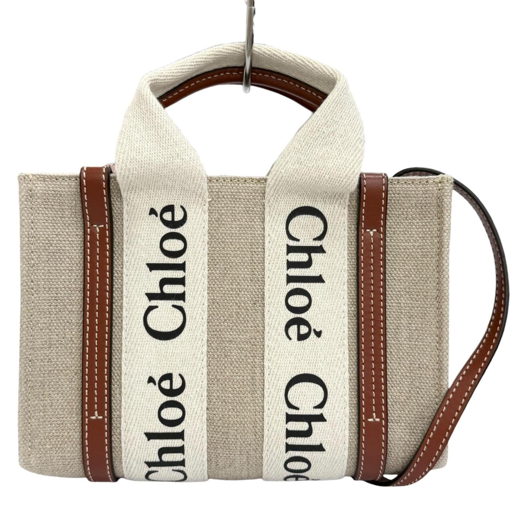 Chloé Beige Brown Linen Leather Shoulder Bag Tote Bag (Pre-Owned)