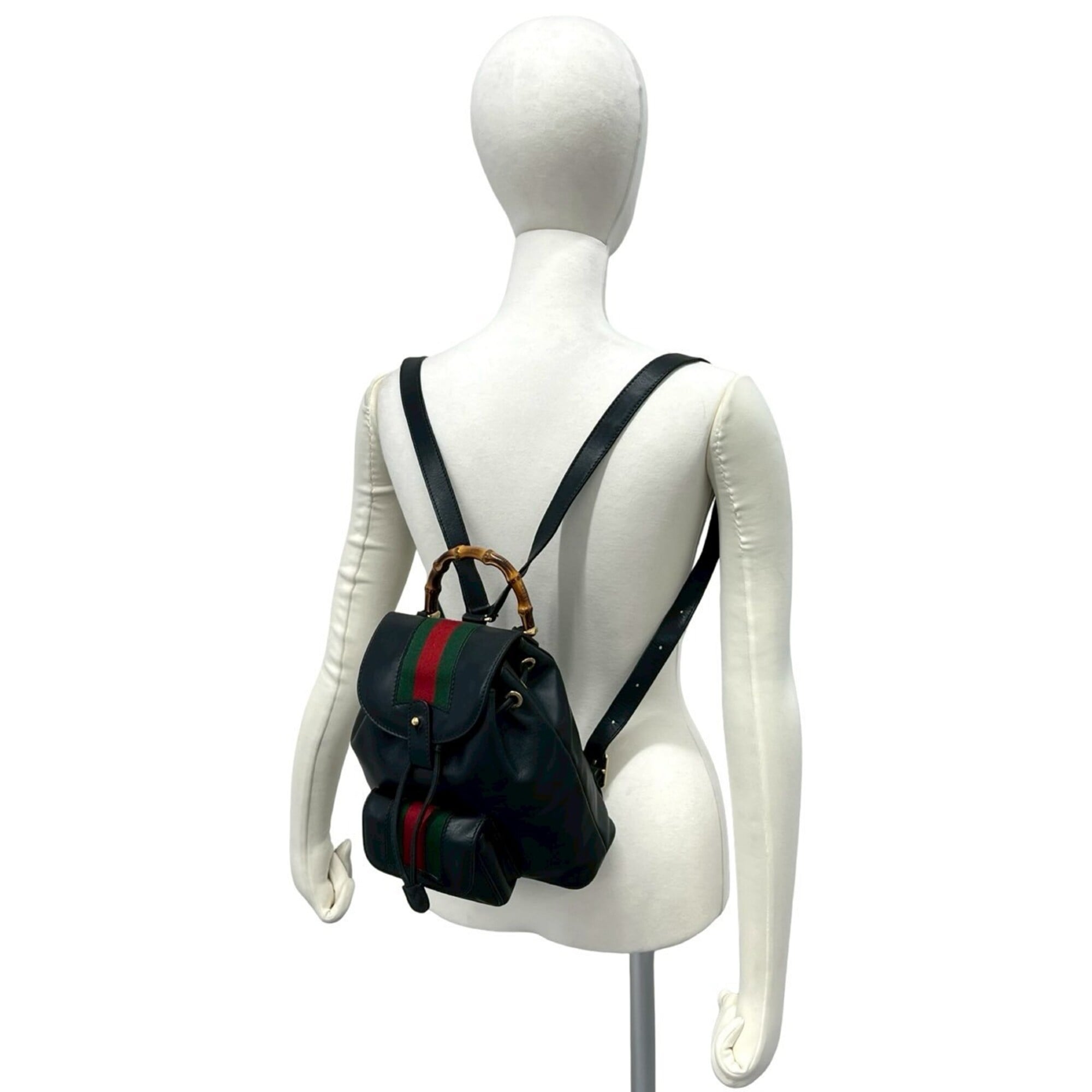 Gucci Black Green Red Color Leather Bamboo Backpack (Pre-Owned)
