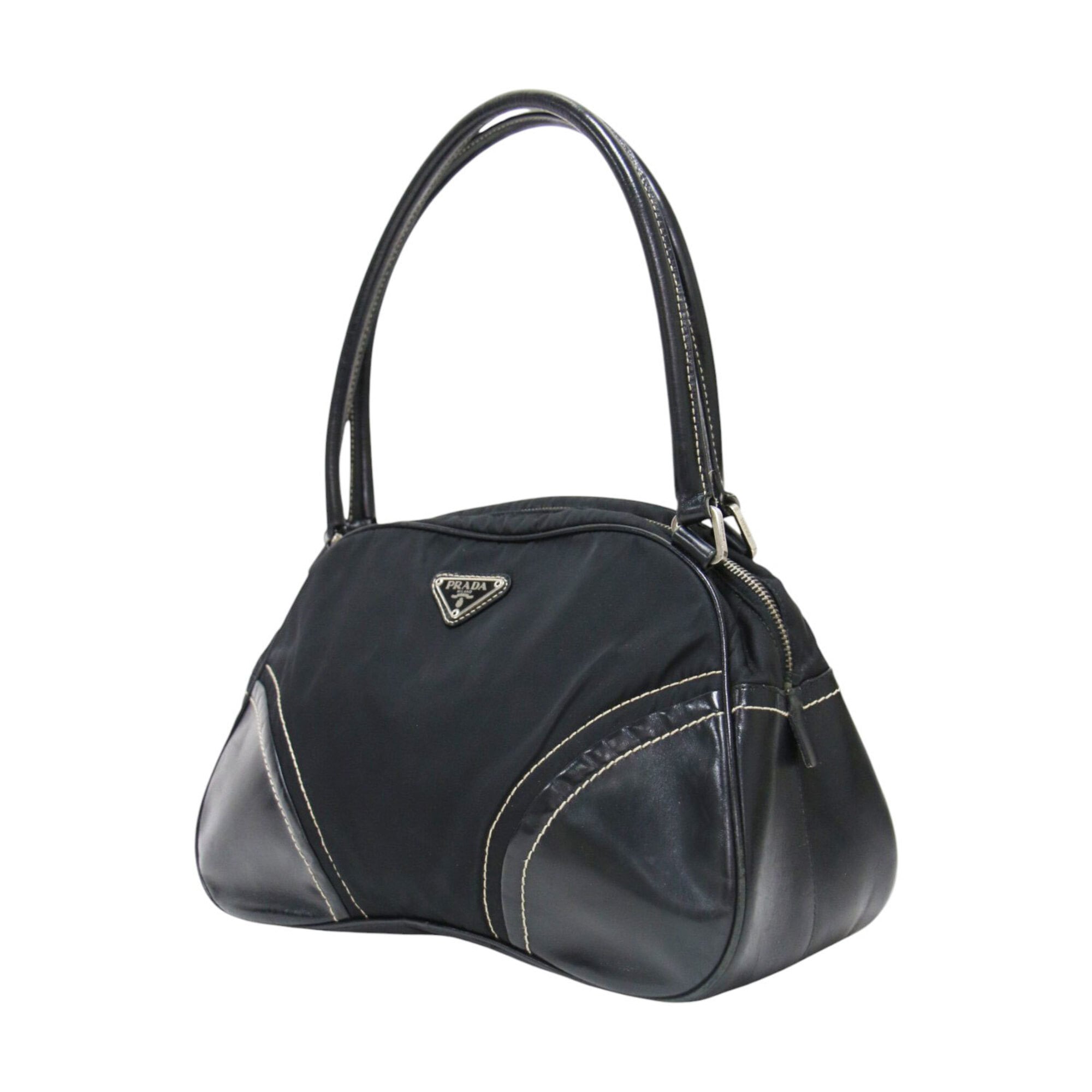 Prada Black Nylon Leather Boston Bag Handbag (Pre-Owned)