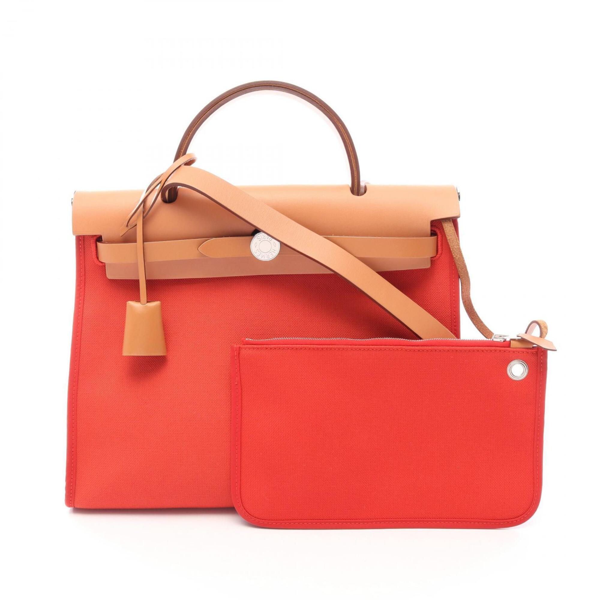 Hermes Brown Natural Red Color Canvas Leather Handbag (Pre-Owned)