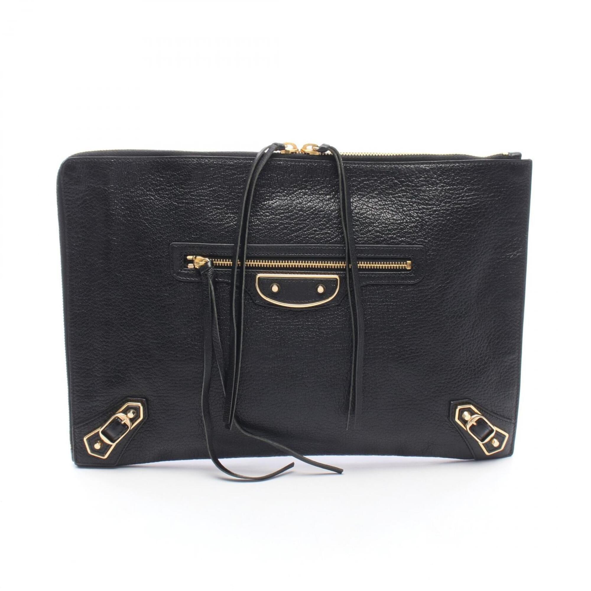 Balenciaga Black Leather Clutch Bag Handbag (Pre-Owned)
