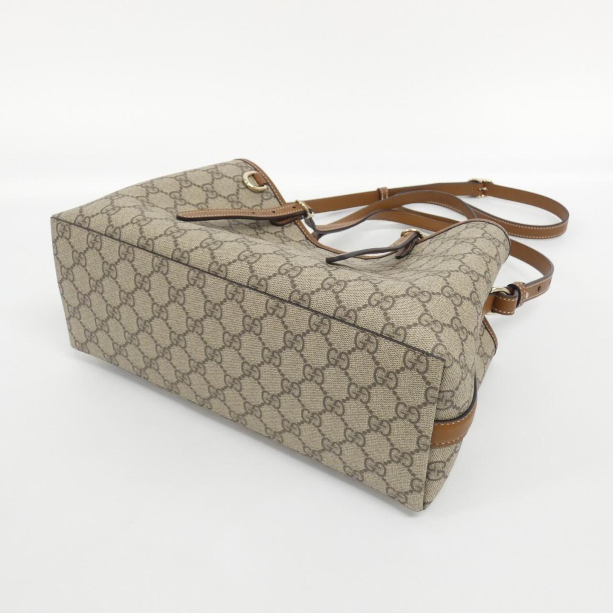 Gucci Beige Dark Brown Coated Canvas Leather Handbag (Pre-Owned)