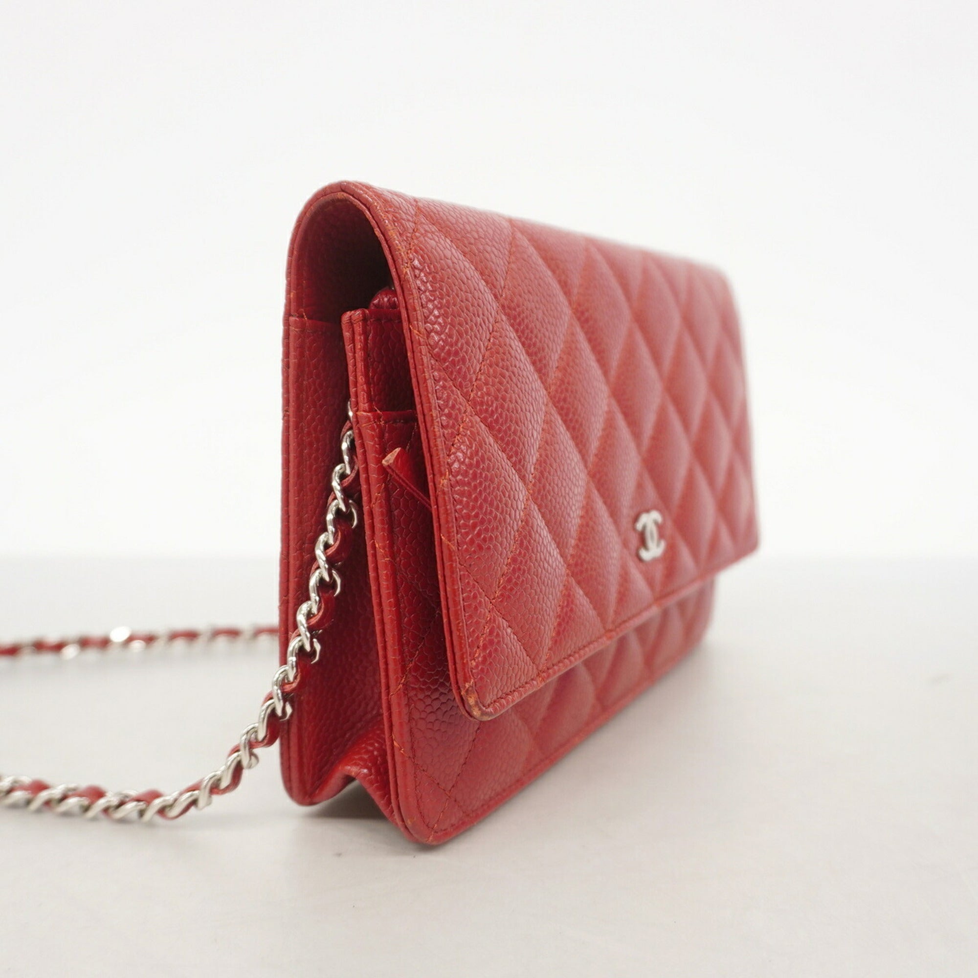 Chanel Red Color Grained Calfskin Chain/Shoulder Wallet (Pre-Owned)