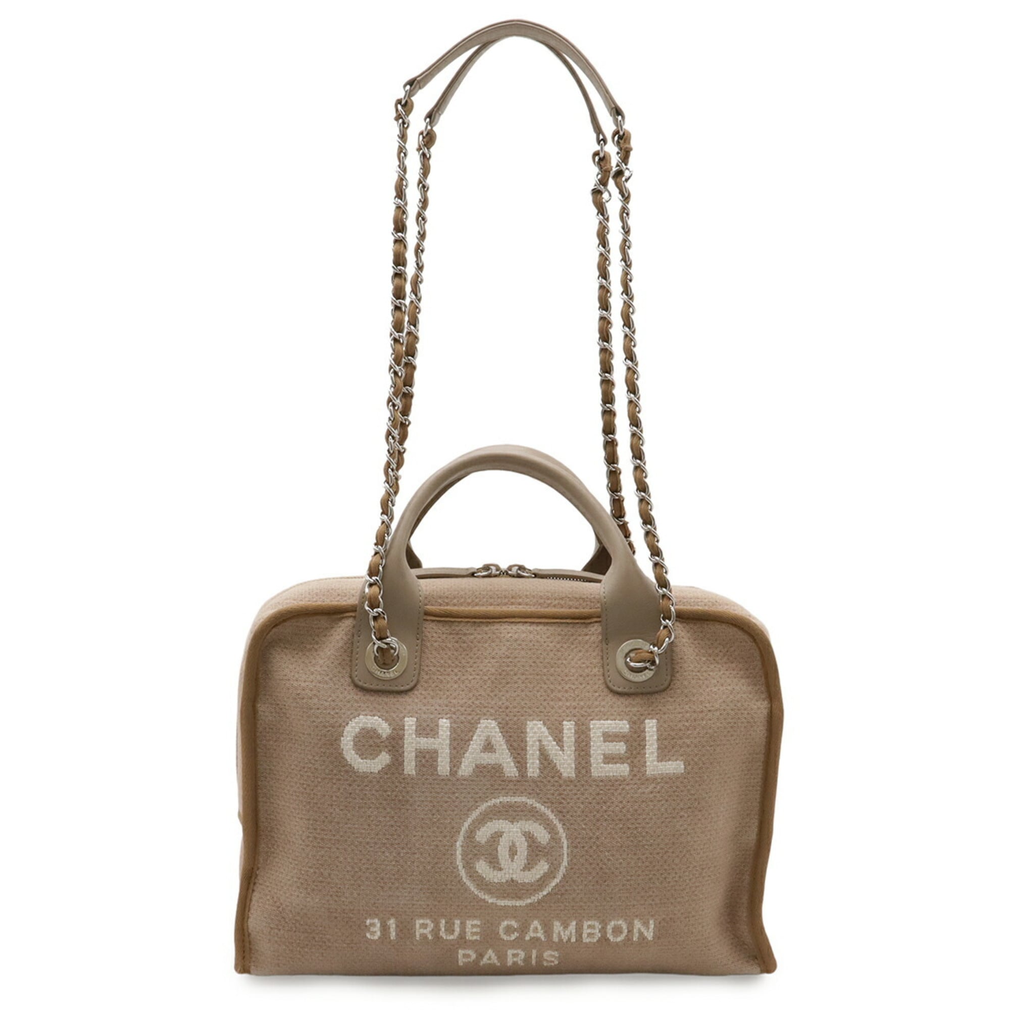 Chanel Beige Brown Grayish Canvas Leather Handbag Shoulder Bag (Pre-Owned)
