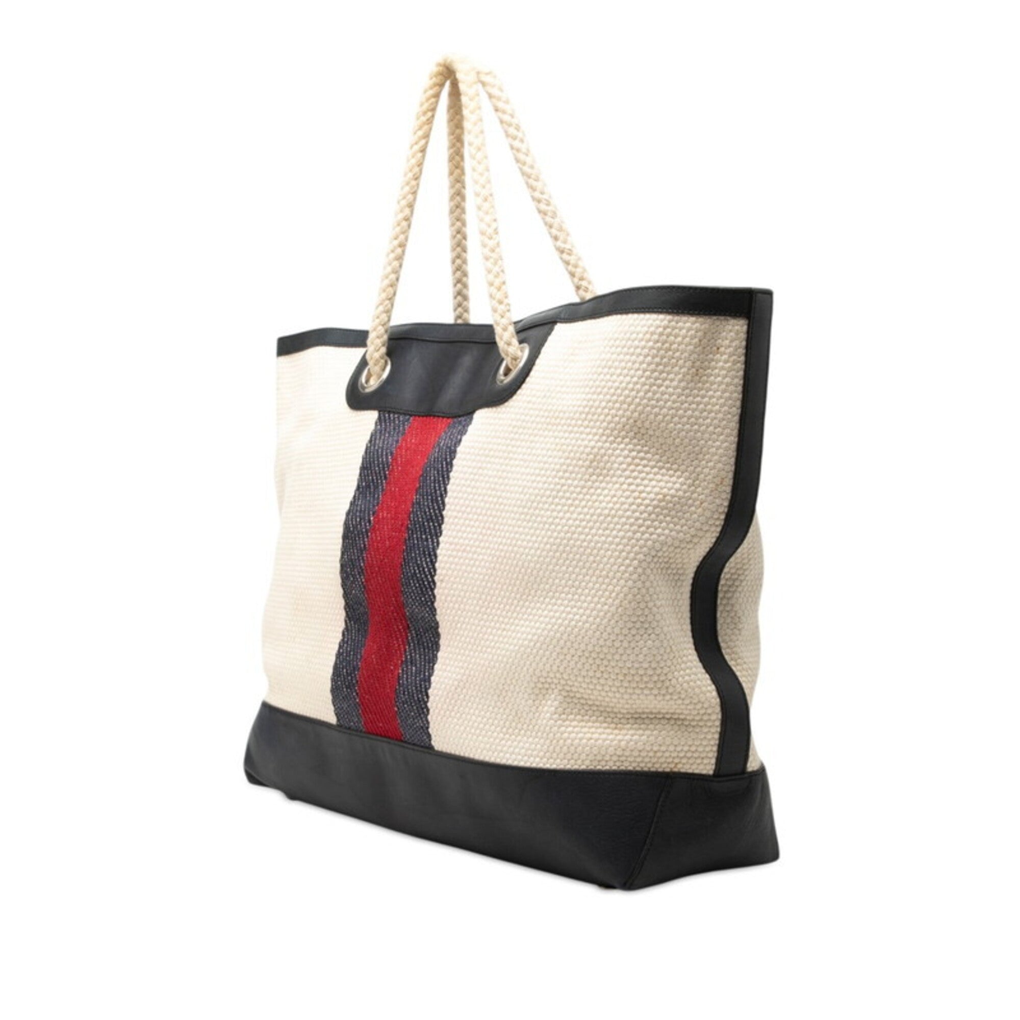 Gucci Ivory Navy Canvas Leather Tote Bag (Pre-Owned)