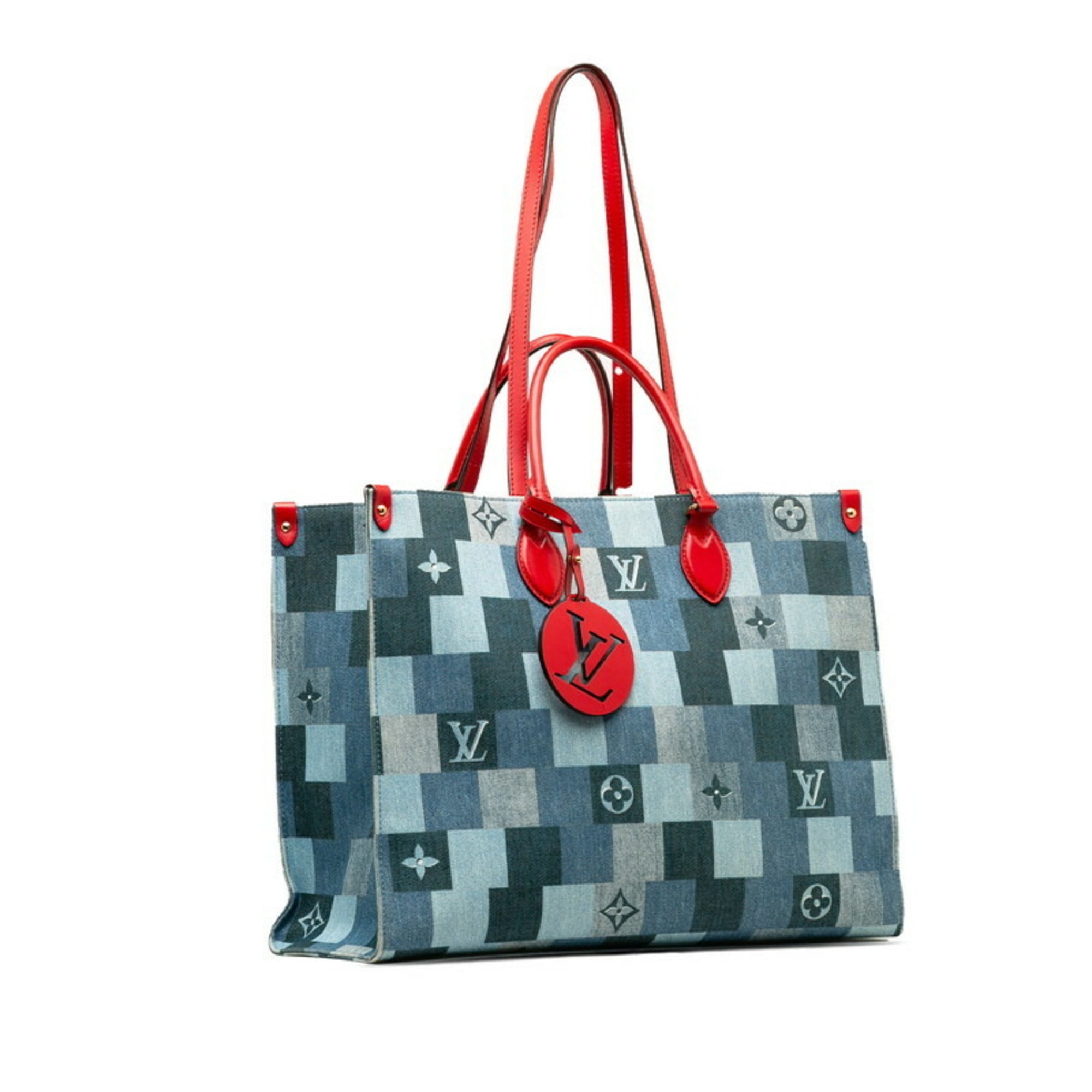 Louis Vuitton Blue Red Color Denim Leather Shoulder Bag Tote Bag (Pre-Owned)