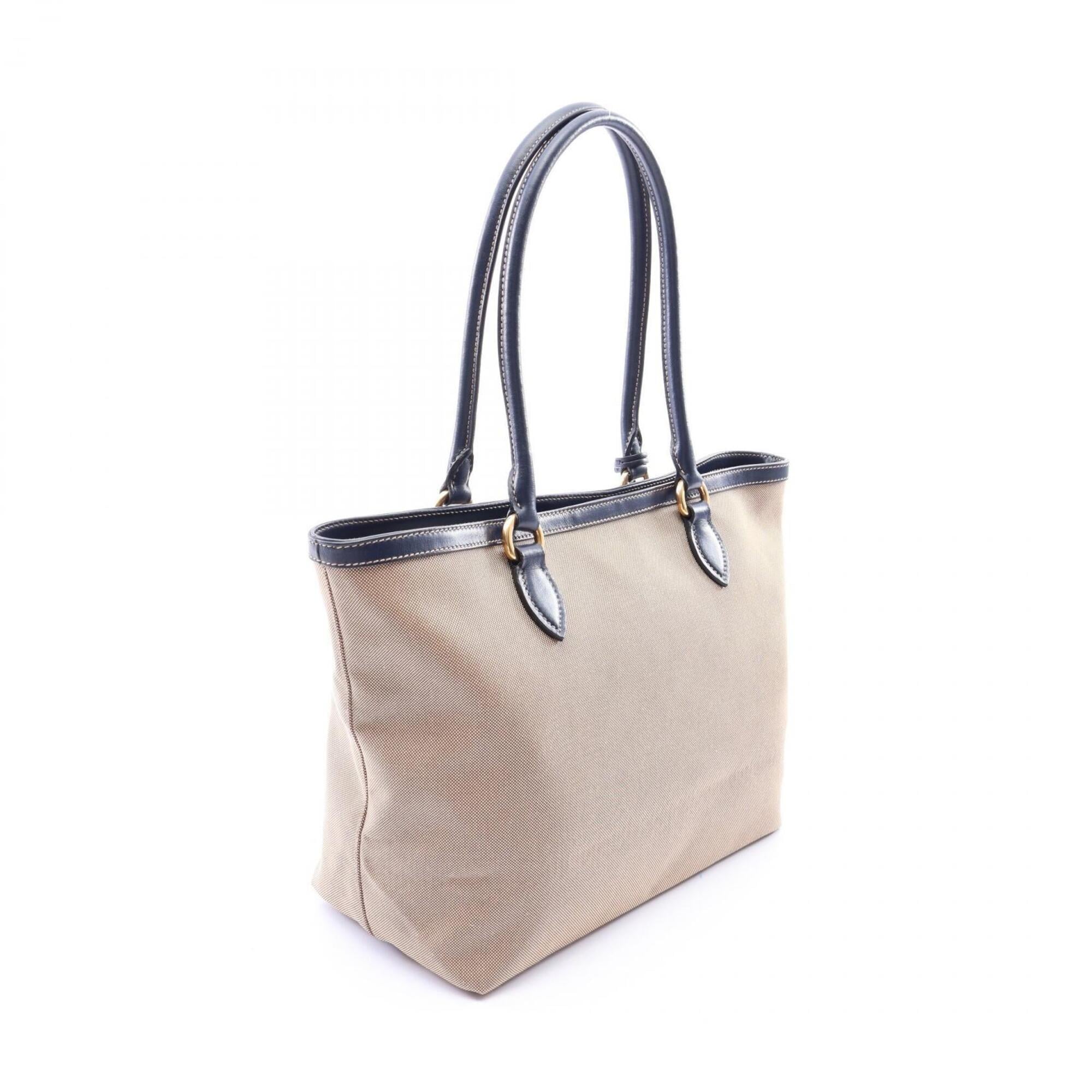 Prada Beige Navy Canvas Leather Handbag Tote Bag (Pre-Owned)