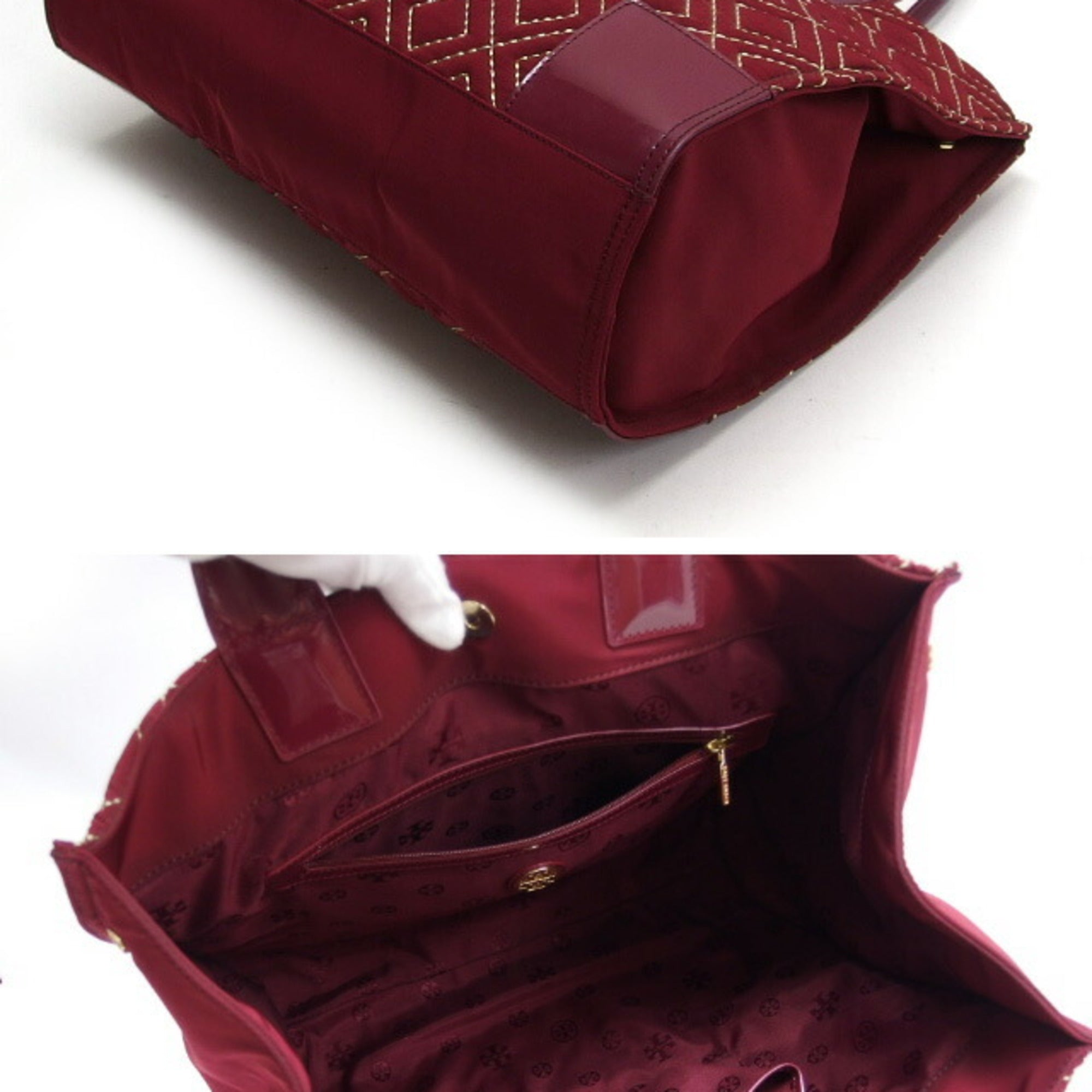 Tory Burch Bordeaux Red Color Nylon Patent Leather Leather Shoulder Bag Tote Bag (Pre-Owned)