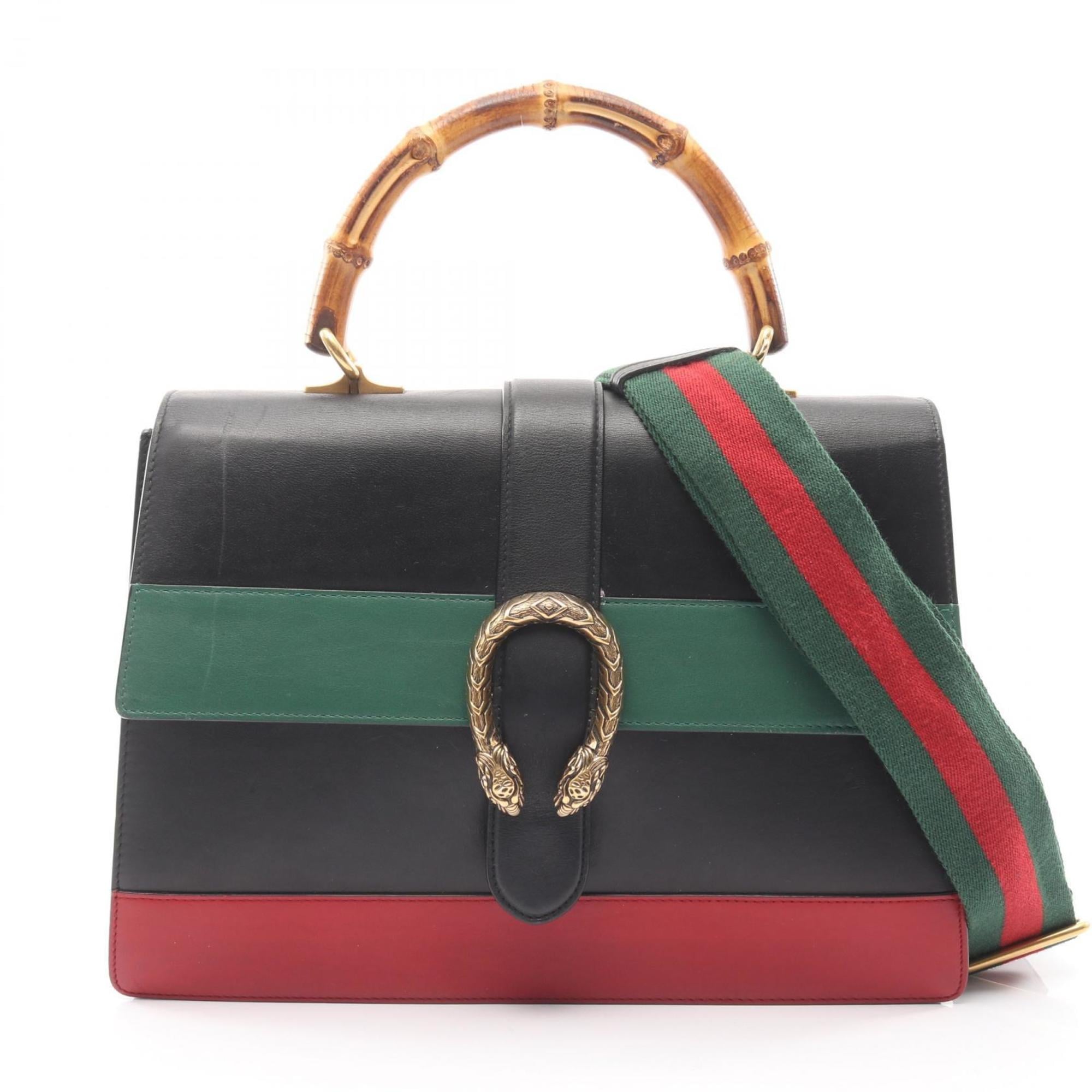 Gucci Black Green Red Color Leather Handbag (Pre-Owned)