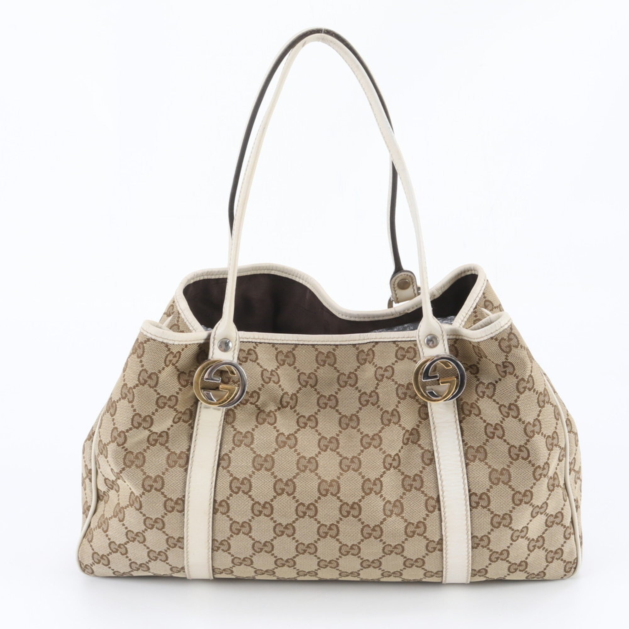 Gucci Beige Ivory Leather Canvas Handbag Tote Bag (Pre-Owned)