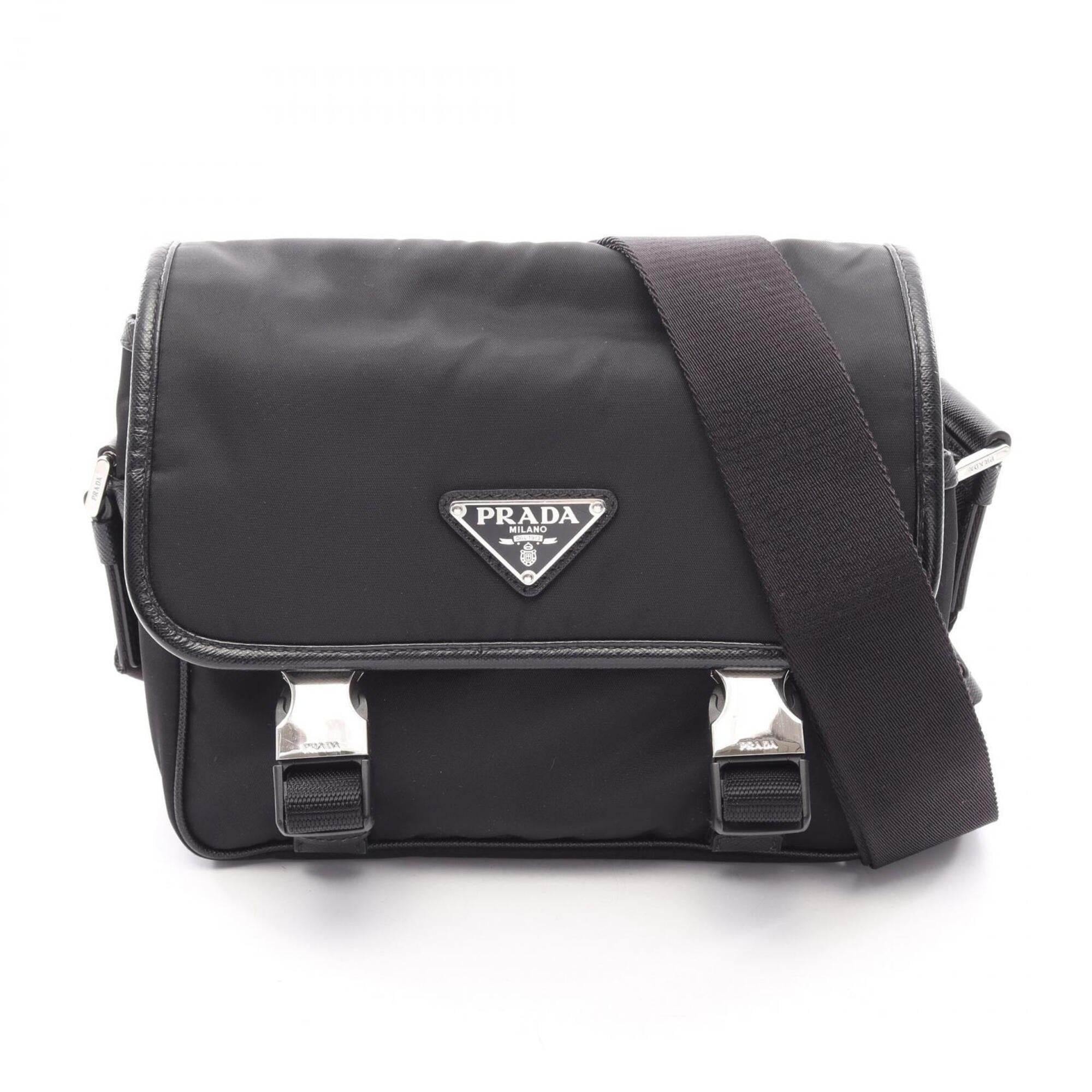 Prada Saffiano Black Nylon Leather Handbag Shoulder Bag (Pre-Owned)