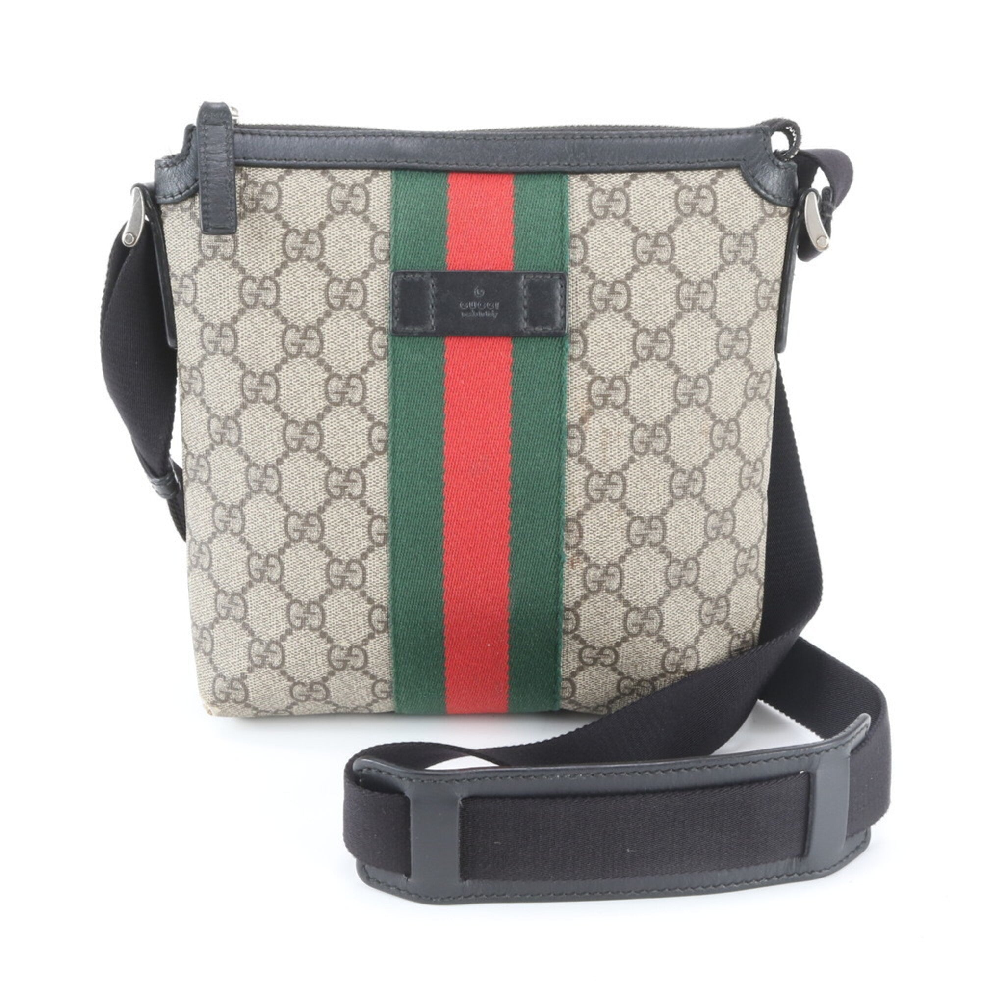 Gucci Beige Black Leather Coated Canvas Messenger Bag Shoulder Bag (Pre-Owned)