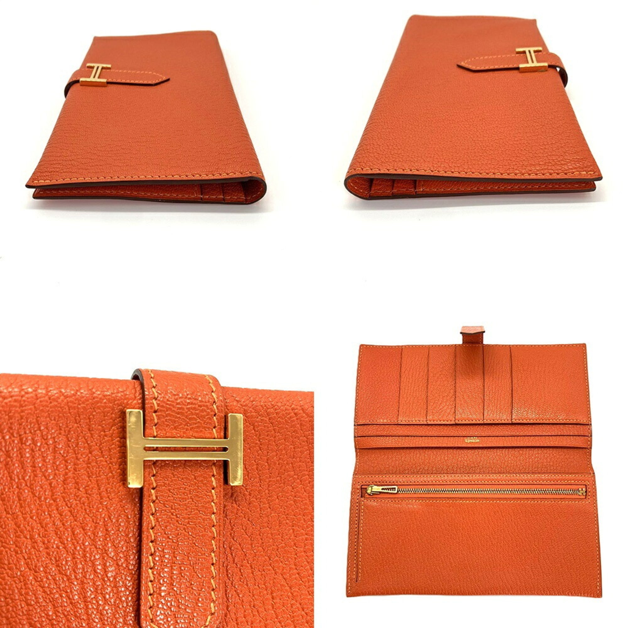 Hermes Bearn Orange Chevre Leather Long Wallet (Bi-Fold) (Pre-Owned)