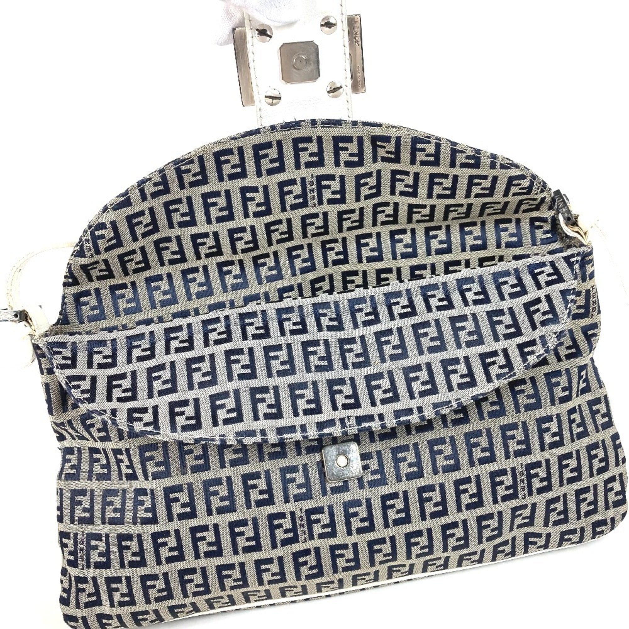Fendi Navy White Zucchino Handbag Shoulder Bag (Pre-Owned)