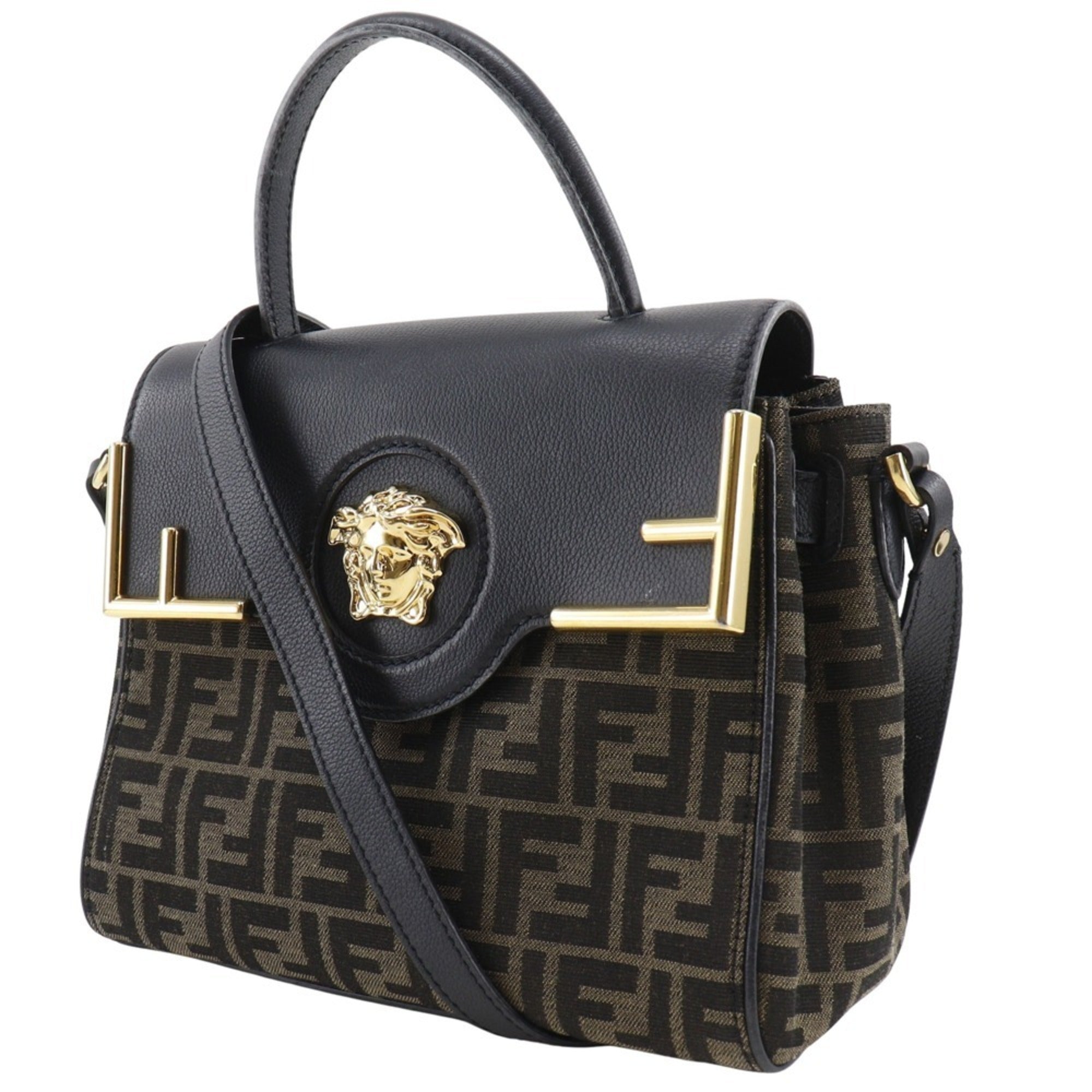 Fendi Zucca Black Brown Nylon Canvas Leather Handbag (Pre-Owned)