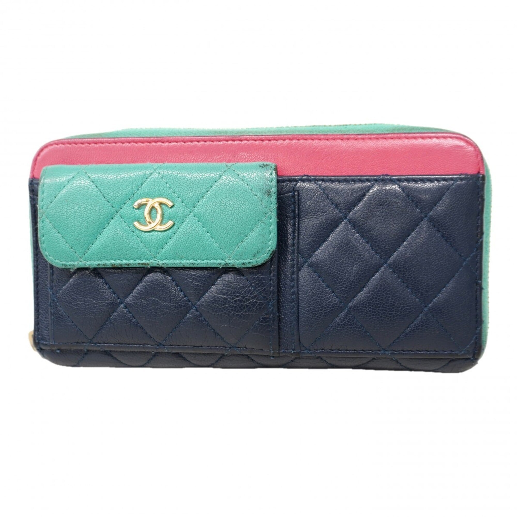 Chanel Navy Pink Grained Calfskin Long Wallet (Bi-Fold) (Pre-Owned)