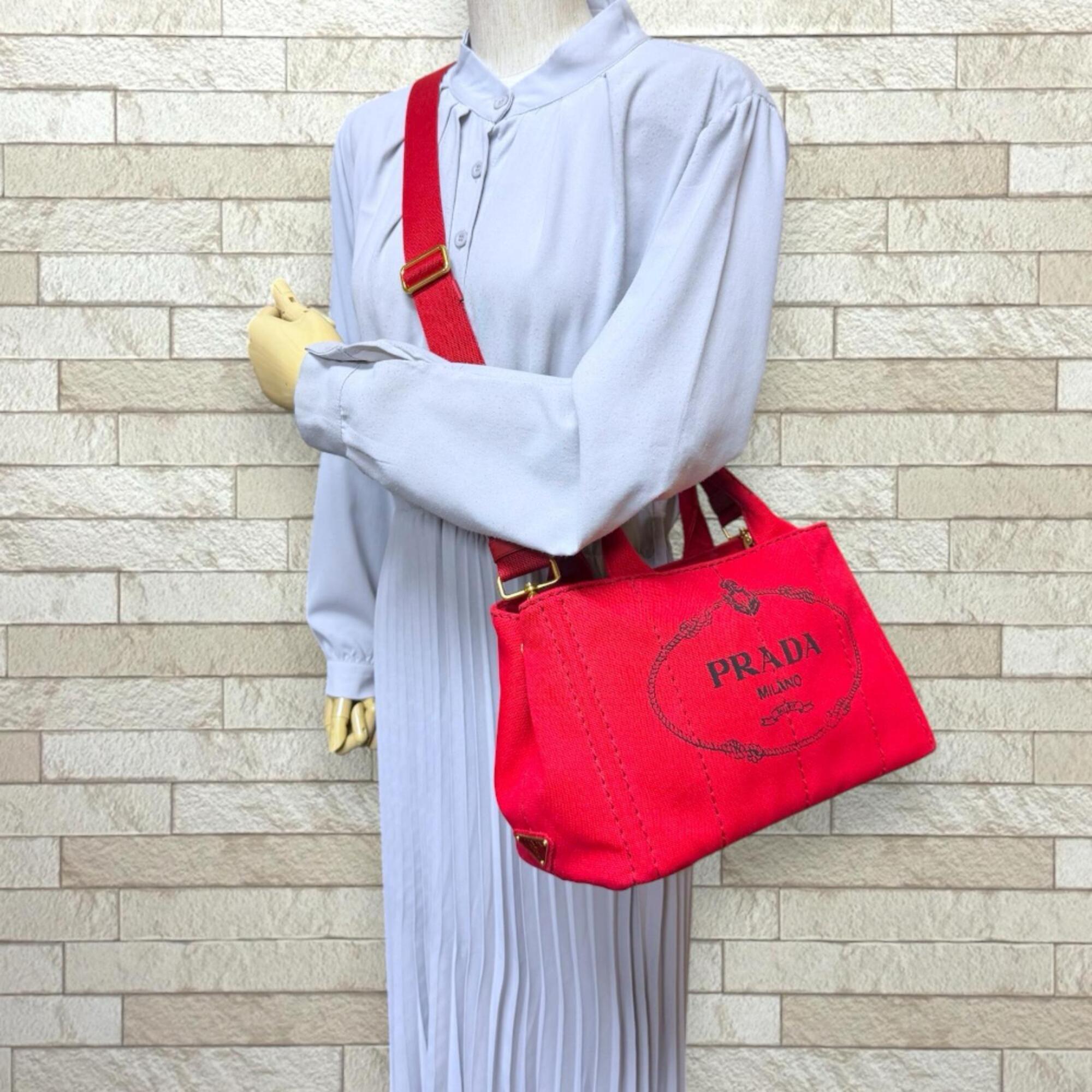 Prada Red Color Canvas Shoulder Bag (Pre-Owned)