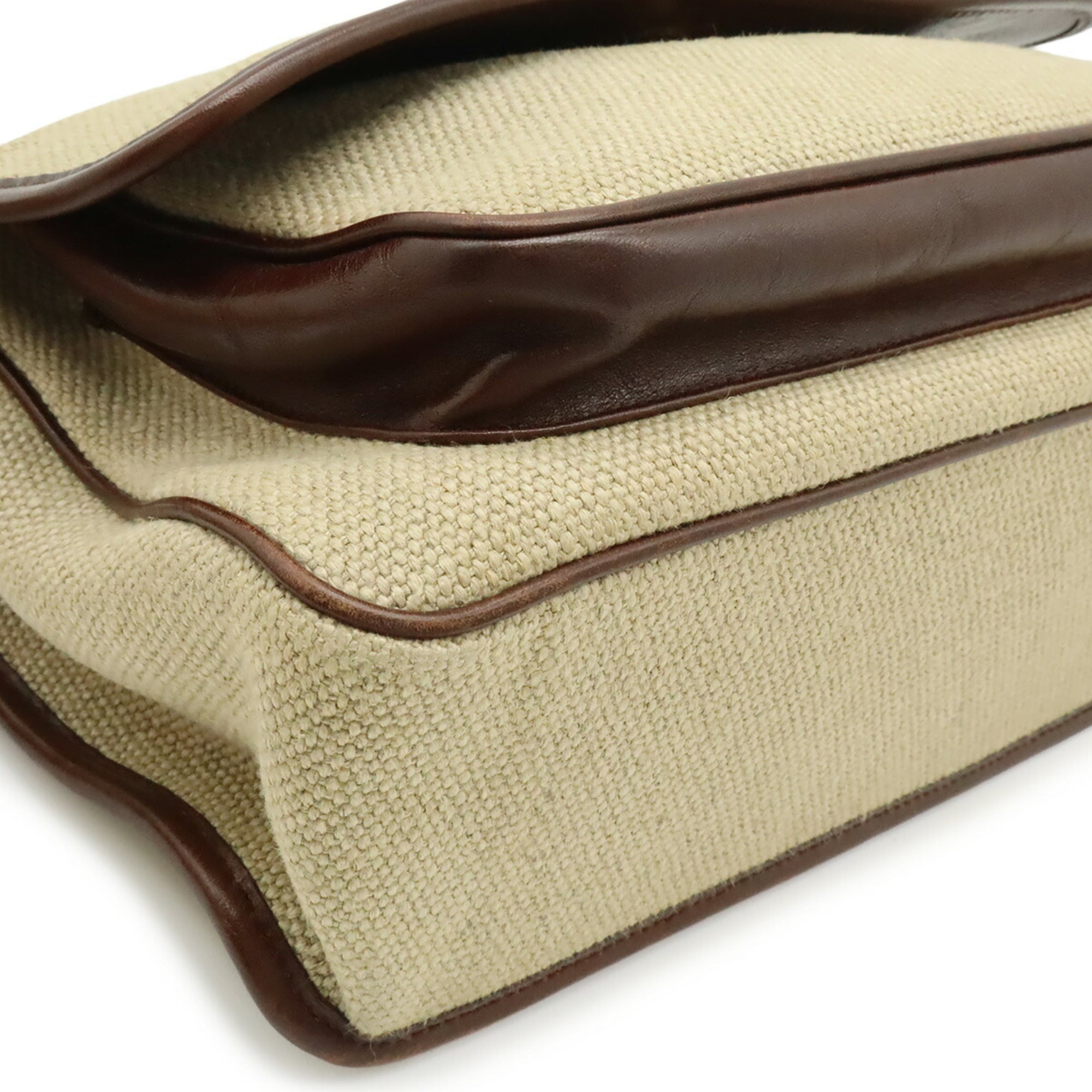 Yves Saint Laurent Beige Dark Brown Linen Leather Shoulder Bag (Pre-Owned)