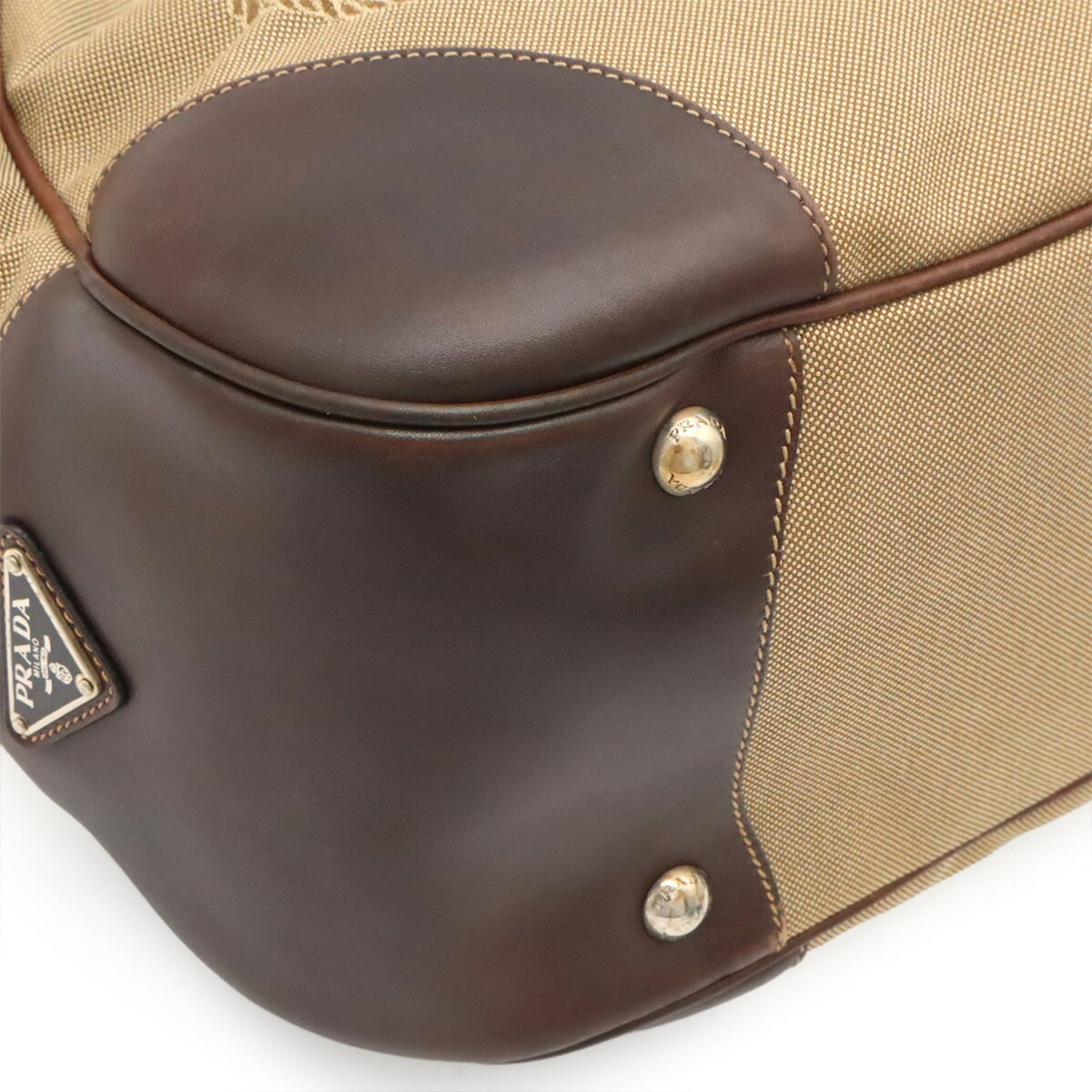 Prada Beige Dark Brown Khaki Canvas Leather Shoulder Bag (Pre-Owned)