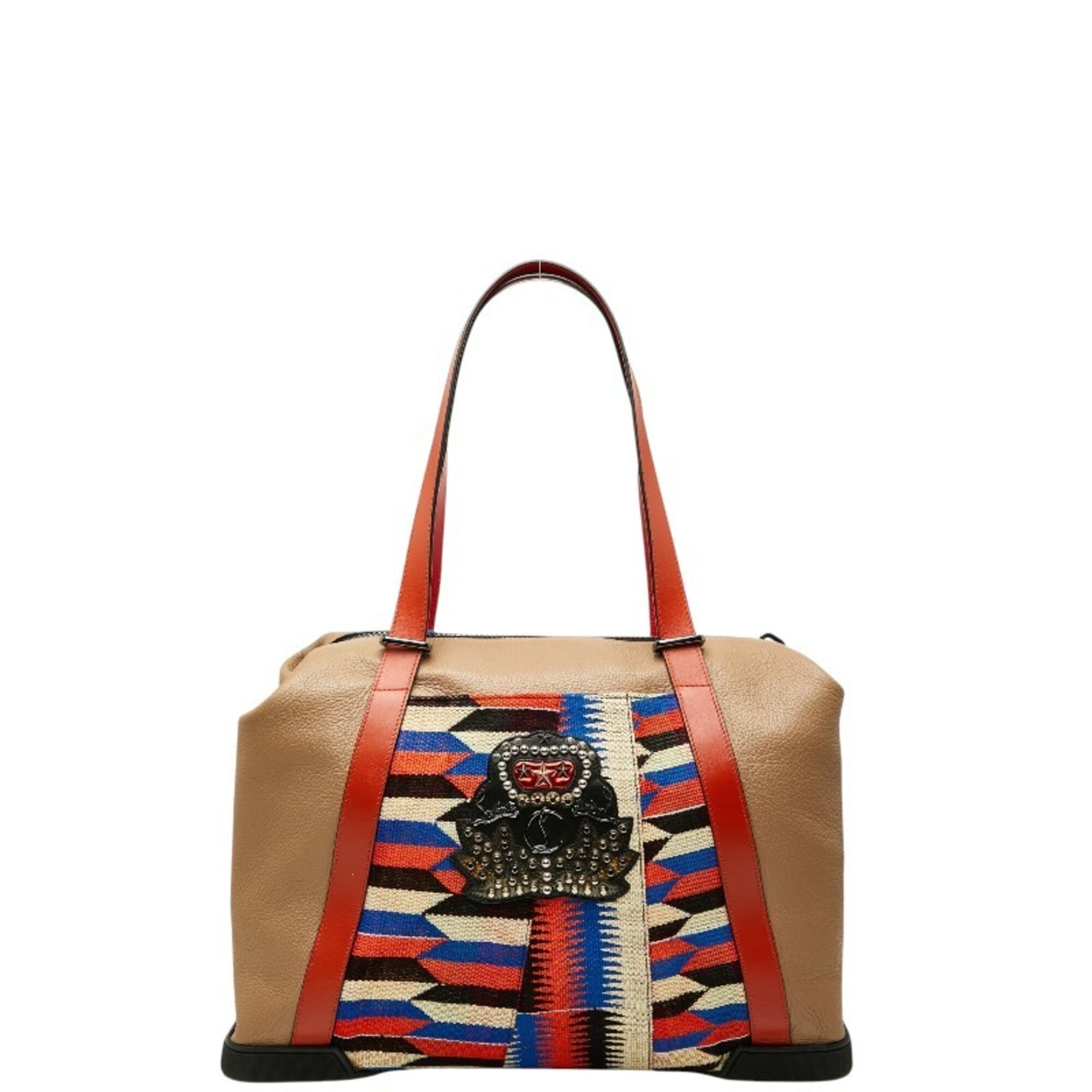 Christian Louboutin Beige Multi-Color Orange Leather Canvas Rubber Boston Bag Tote Bag (Pre-Owned)