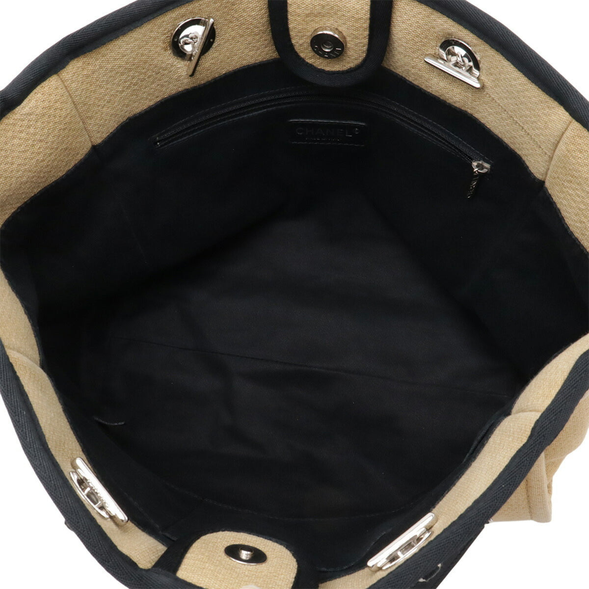 Chanel Beige Black Canvas Shoulder Bag Tote Bag (Pre-Owned)