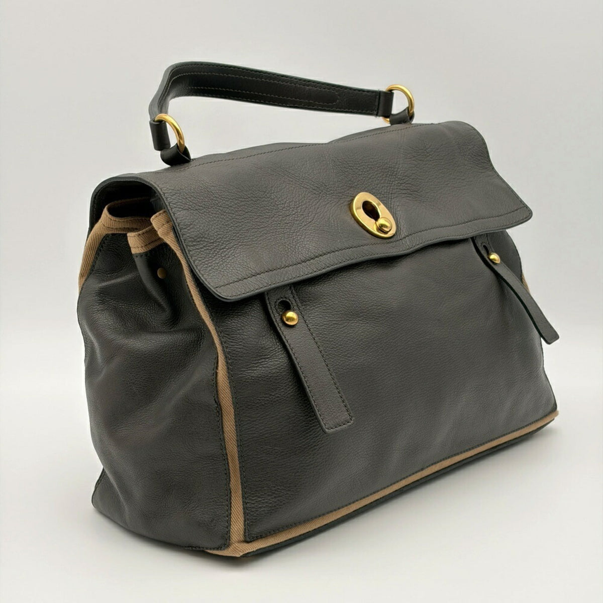 Yves Saint Laurent Beige Dark Brown Leather Canvas Handbag Shoulder Bag (Pre-Owned)