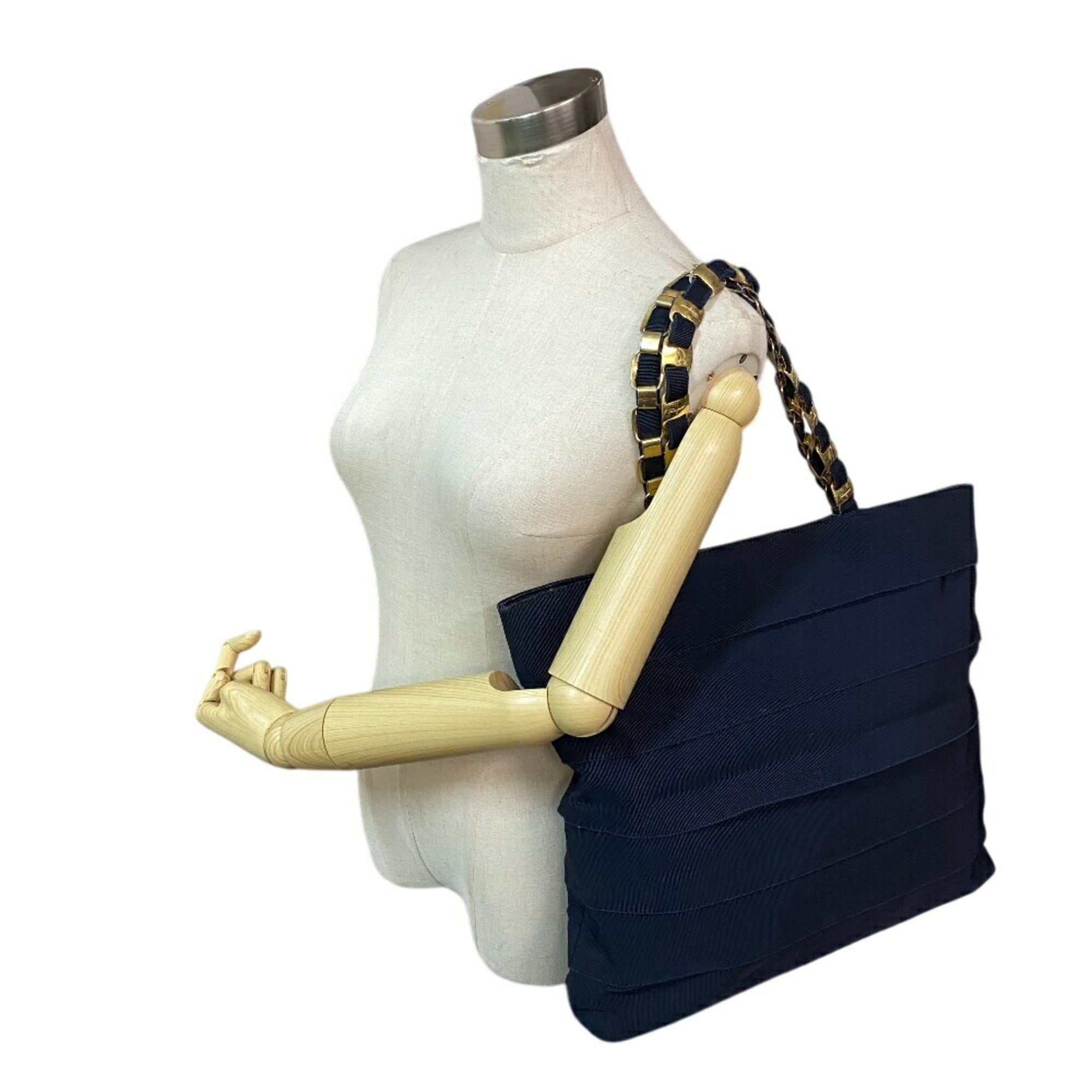 Salvatore Ferragamo Gold Navy Canvas Leather Tote Bag (Pre-Owned)