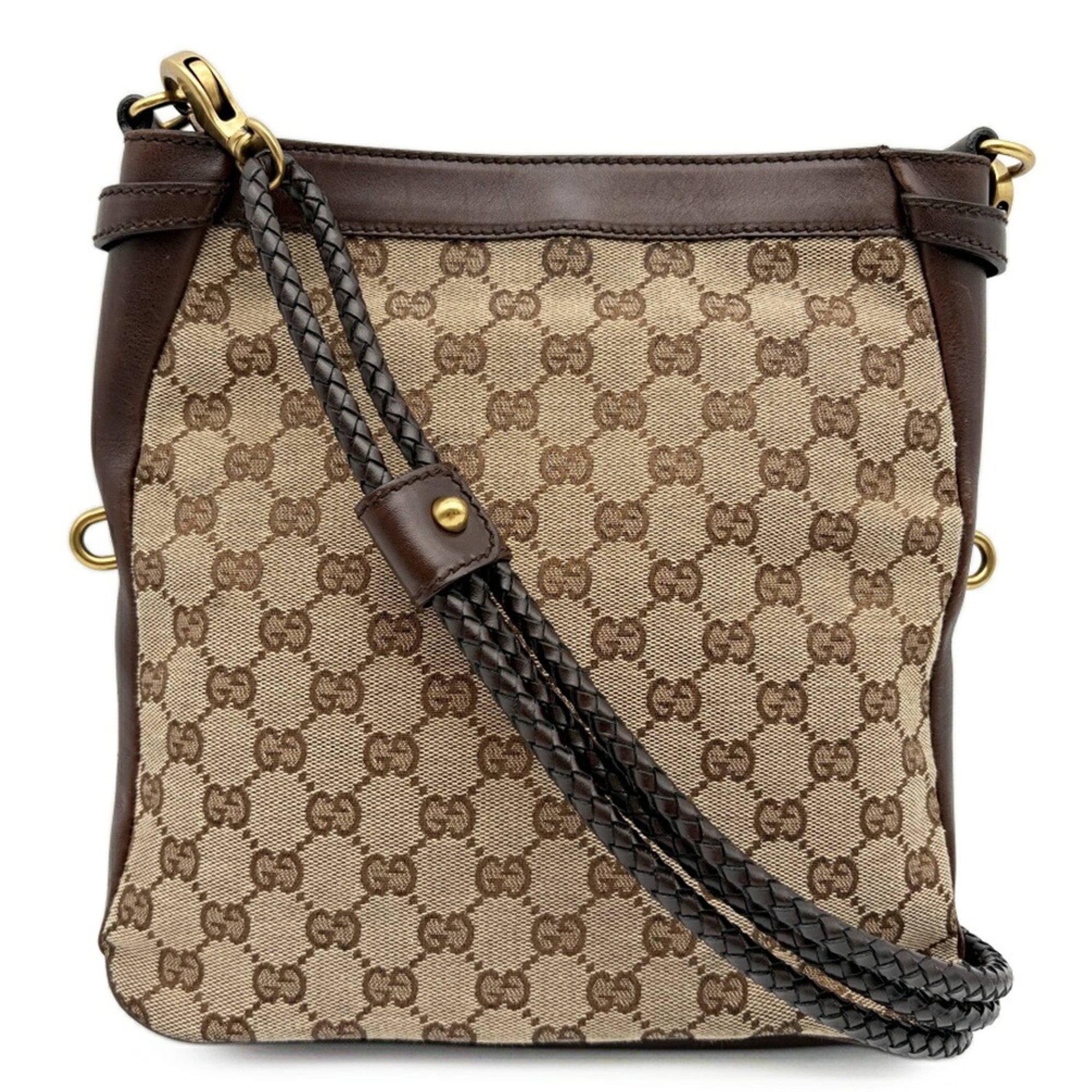 Gucci Gg Canvas Beige Dark Brown Gg Canvas Leather Shoulder Bag (Pre-Owned)