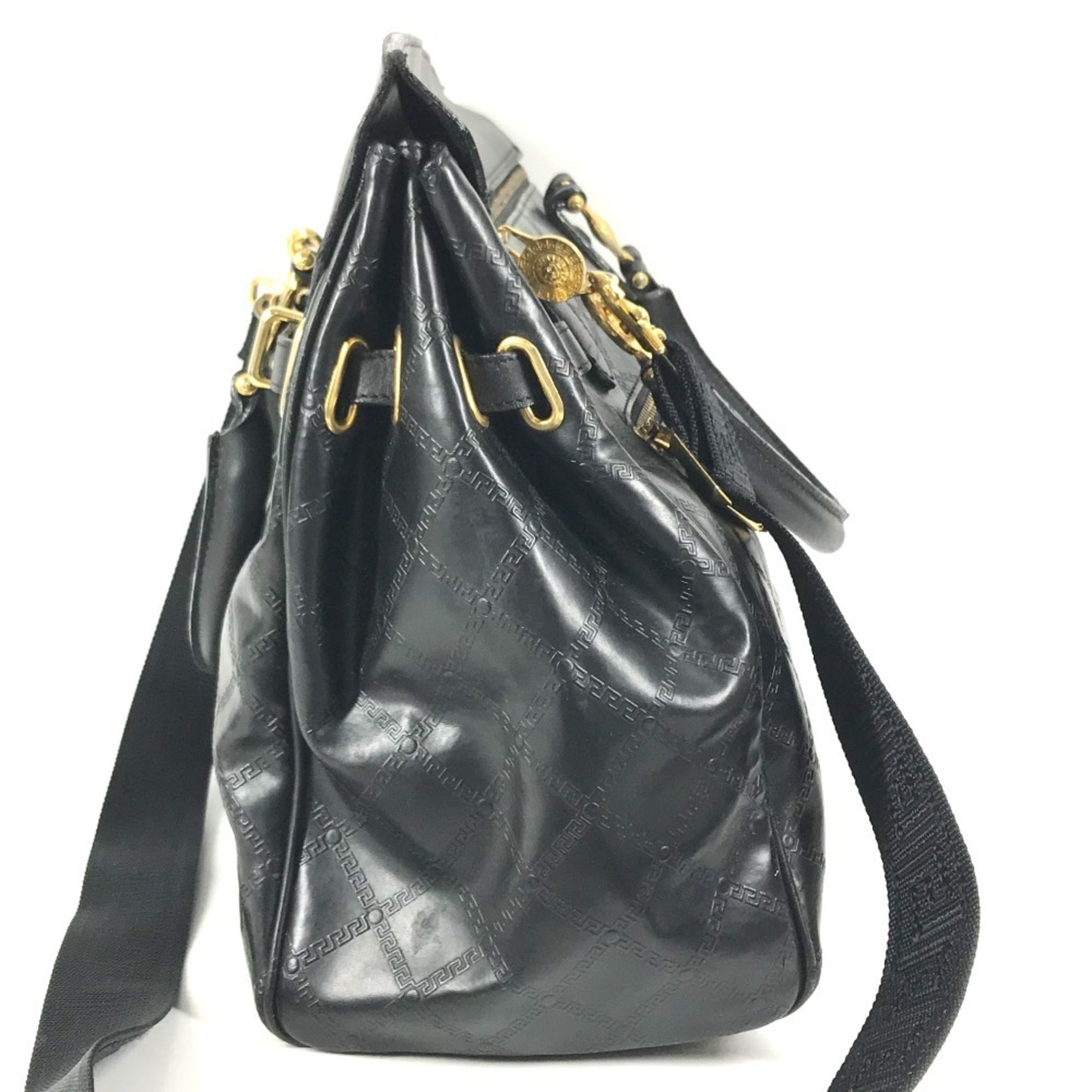 Versace Black Leather Boston Bag Handbag (Pre-Owned)