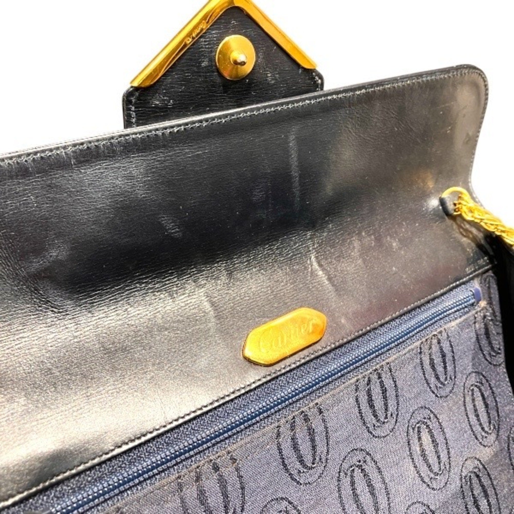 Cartier Sapphire Line Black Leather Handbag Shoulder Bag (Pre-Owned)