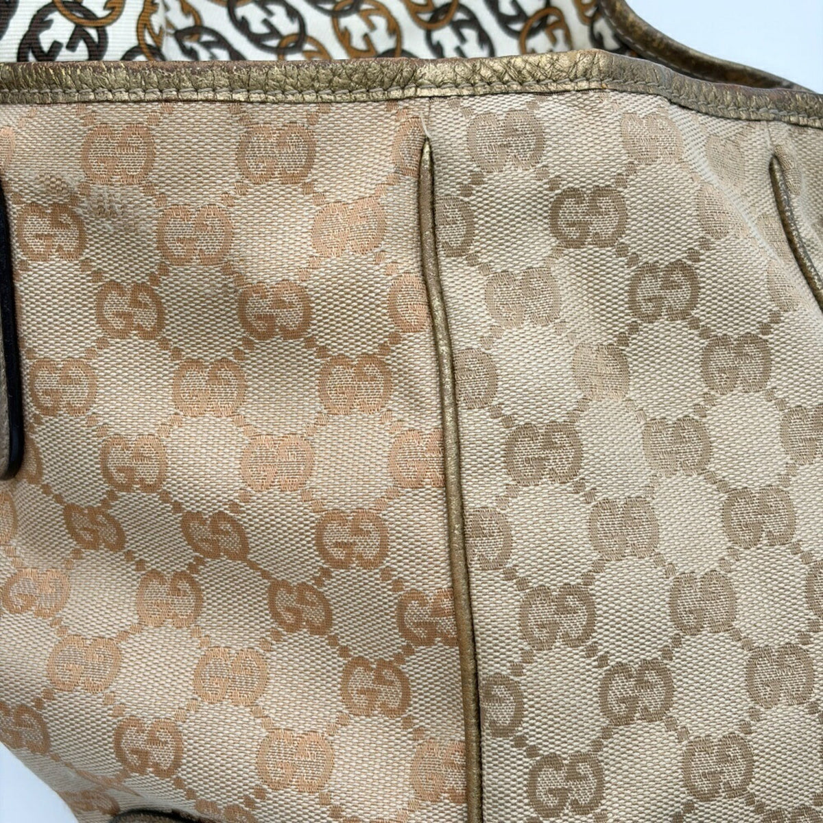 Gucci Beige Gold Gg Canvas Leather Shoulder Bag Tote Bag (Pre-Owned)