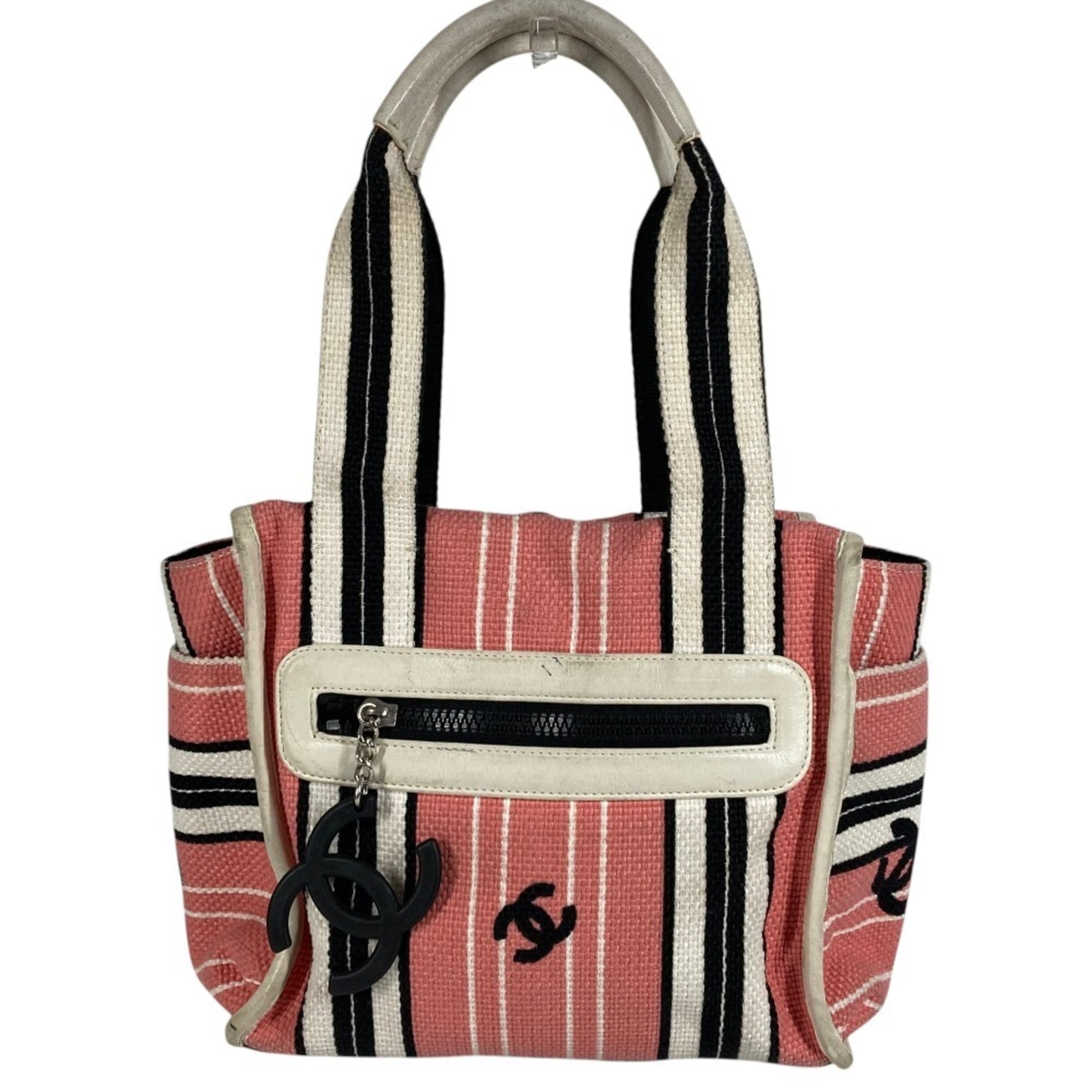 Chanel Black Pink White Canvas Leather Shoulder Bag Tote Bag (Pre-Owned)