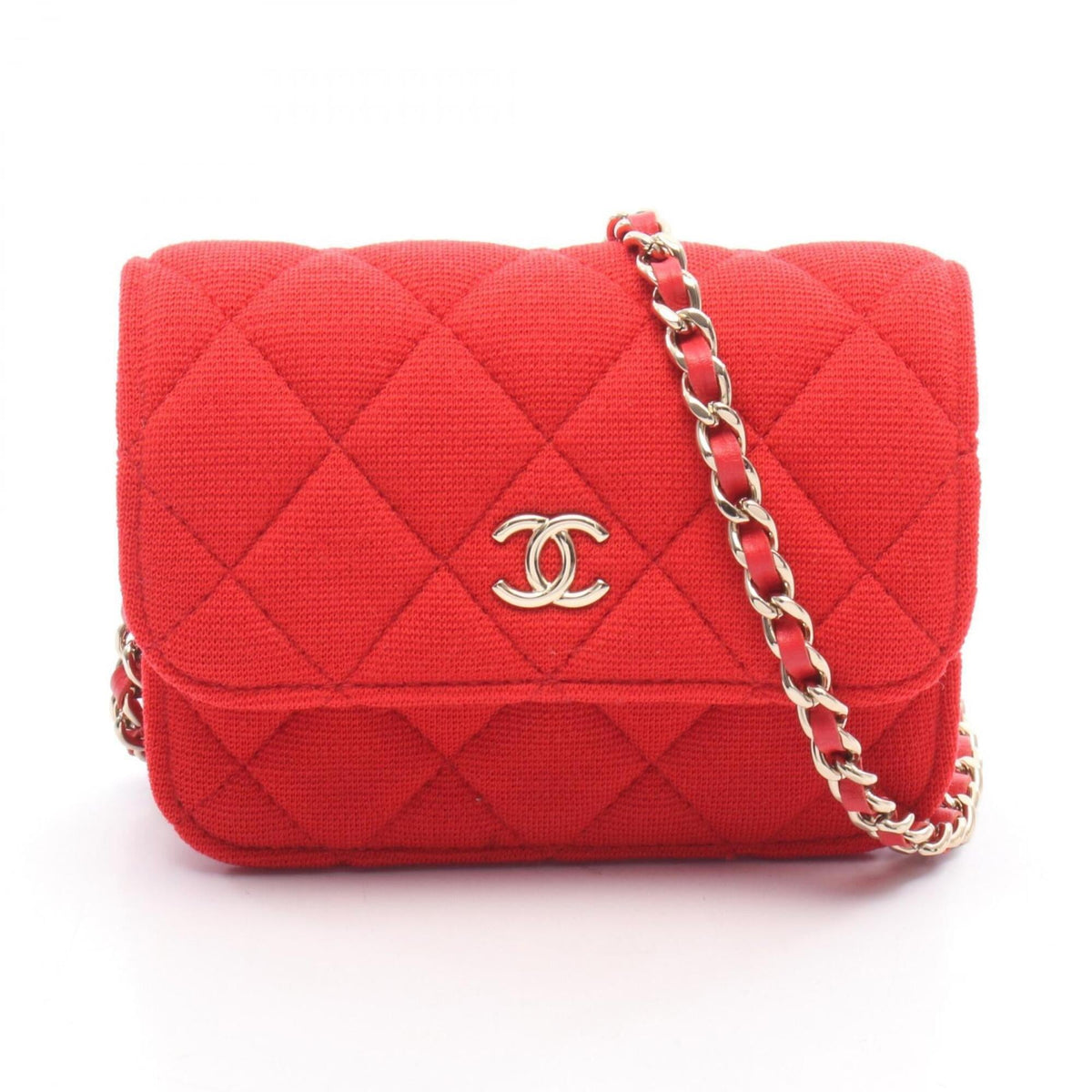 Chanel Red Color Leather Cotton Handbag Shoulder Bag (Pre-Owned)