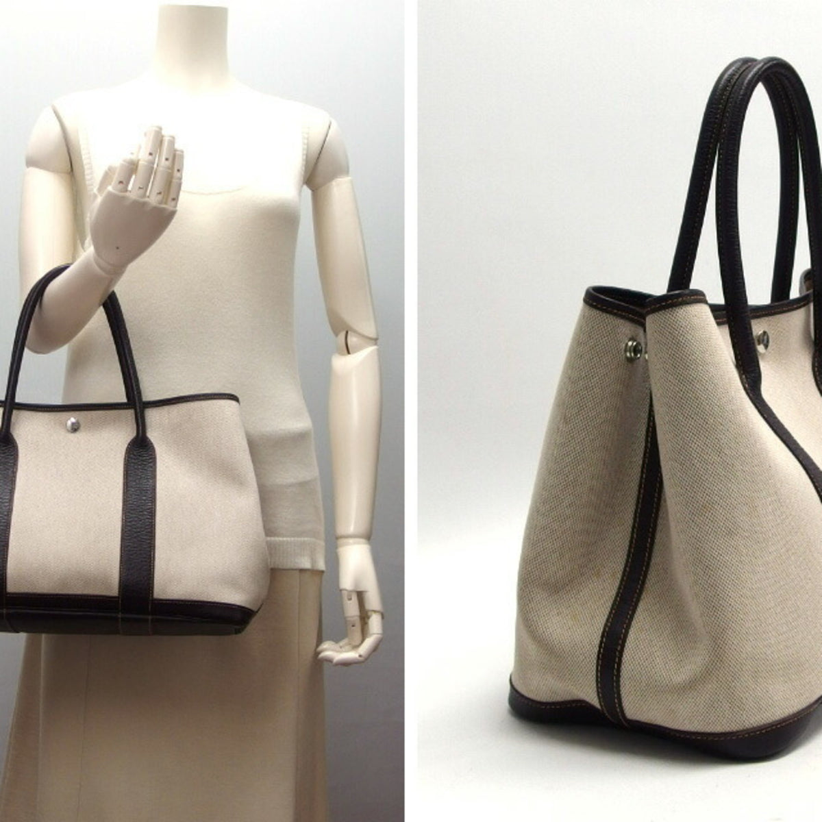 Hermes Garden Beige Dark Brown Toile H Leather Handbag Tote Bag (Pre-Owned)