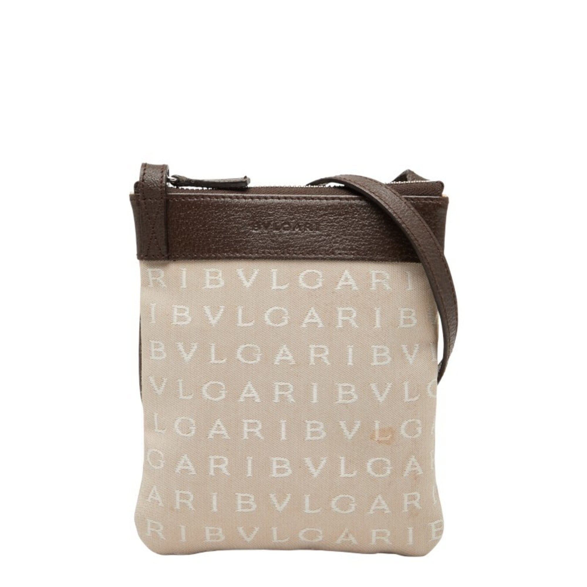 Bvlgari Logomania Beige Brown Canvas Leather Pochette Shoulder Bag (Pre-Owned)
