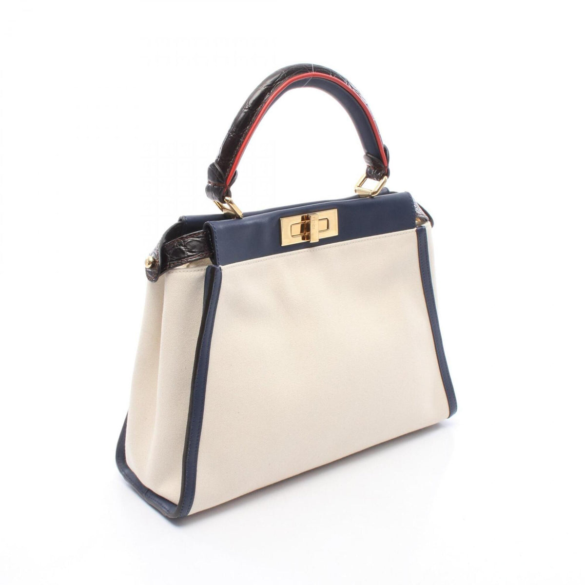 Fendi Ivory Navy Red Color Canvas Knit Handbag (Pre-Owned)