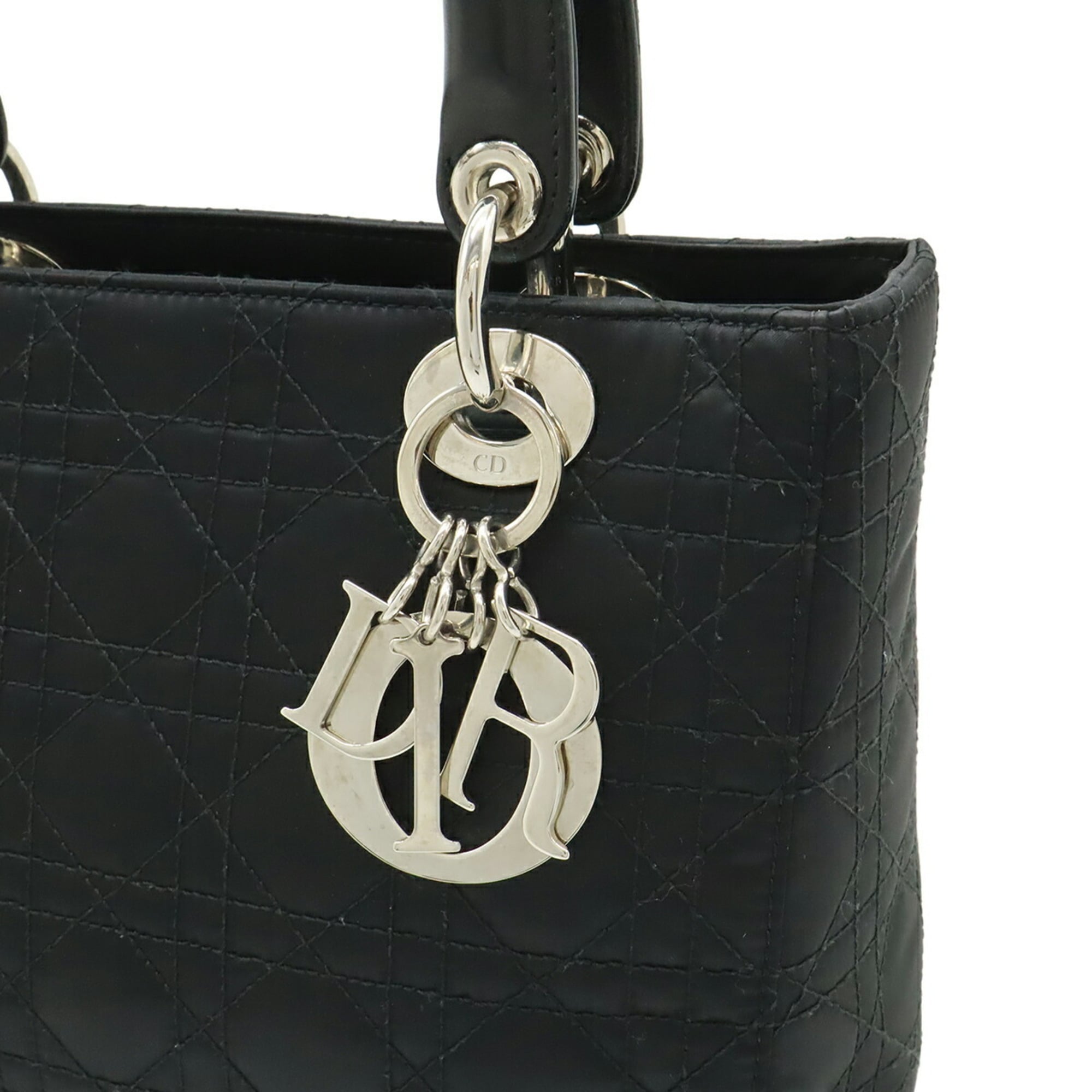 Christian Dior Lady Dior Black Satin Leather Handbag Shoulder Bag (Pre-Owned)
