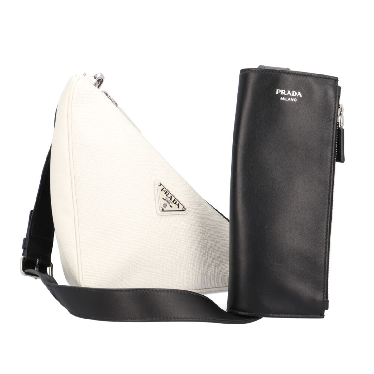 Prada Saffiano Black White Leather Shoulder Bag (Pre-Owned)