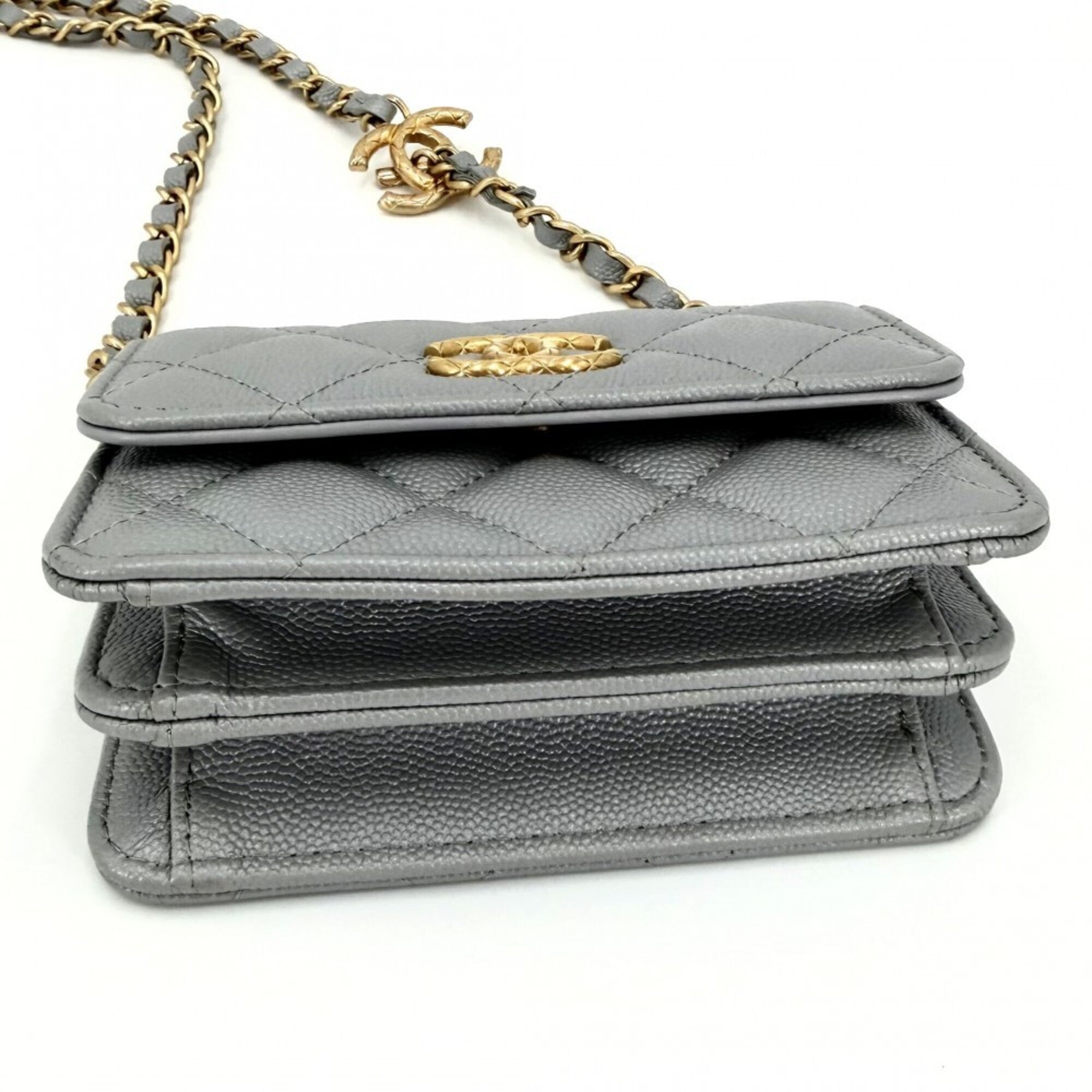 Chanel Gray Grained Calfskin Shoulder Bag (Pre-Owned)