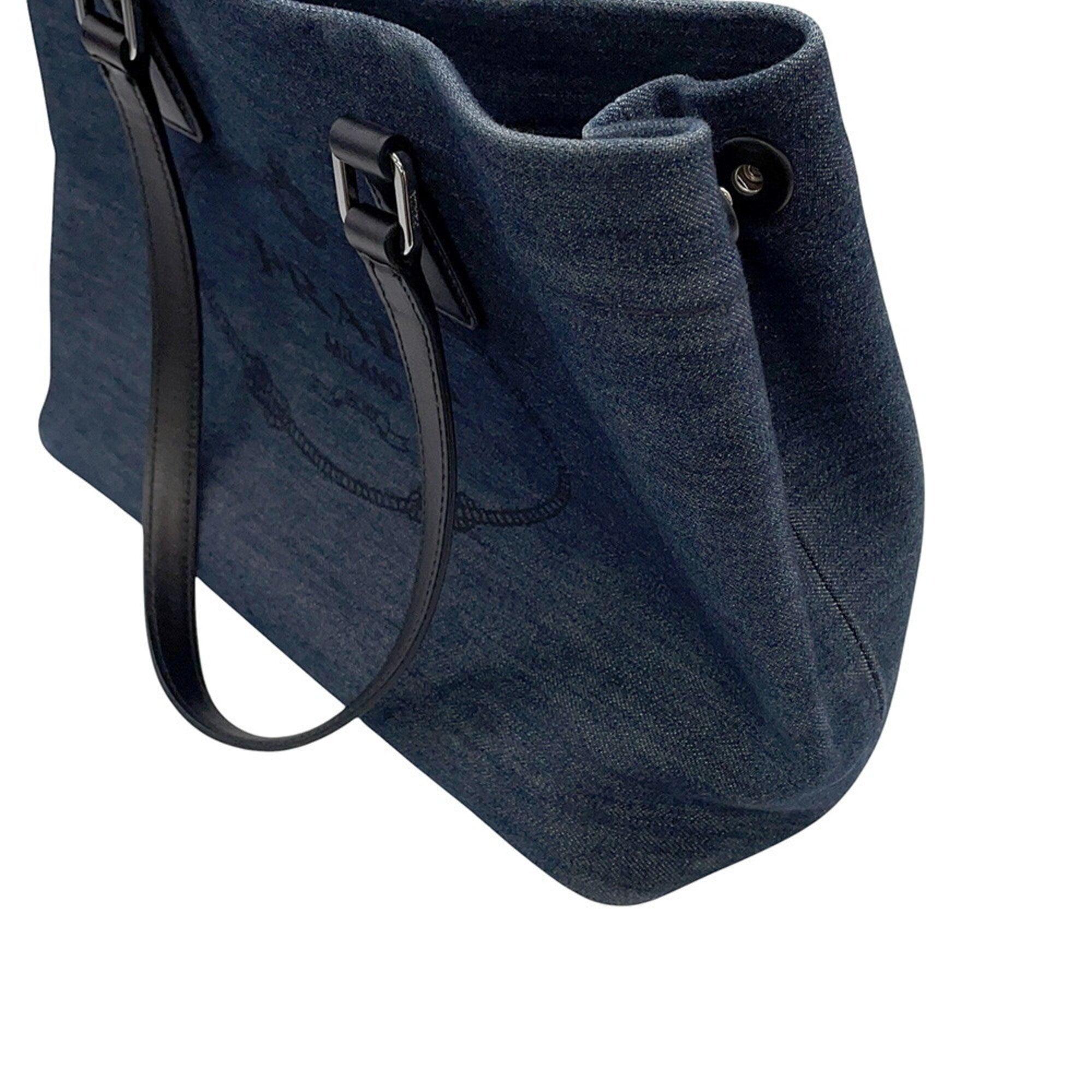 Prada Black Blue Cotton Leather Shoulder Bag Tote Bag (Pre-Owned)