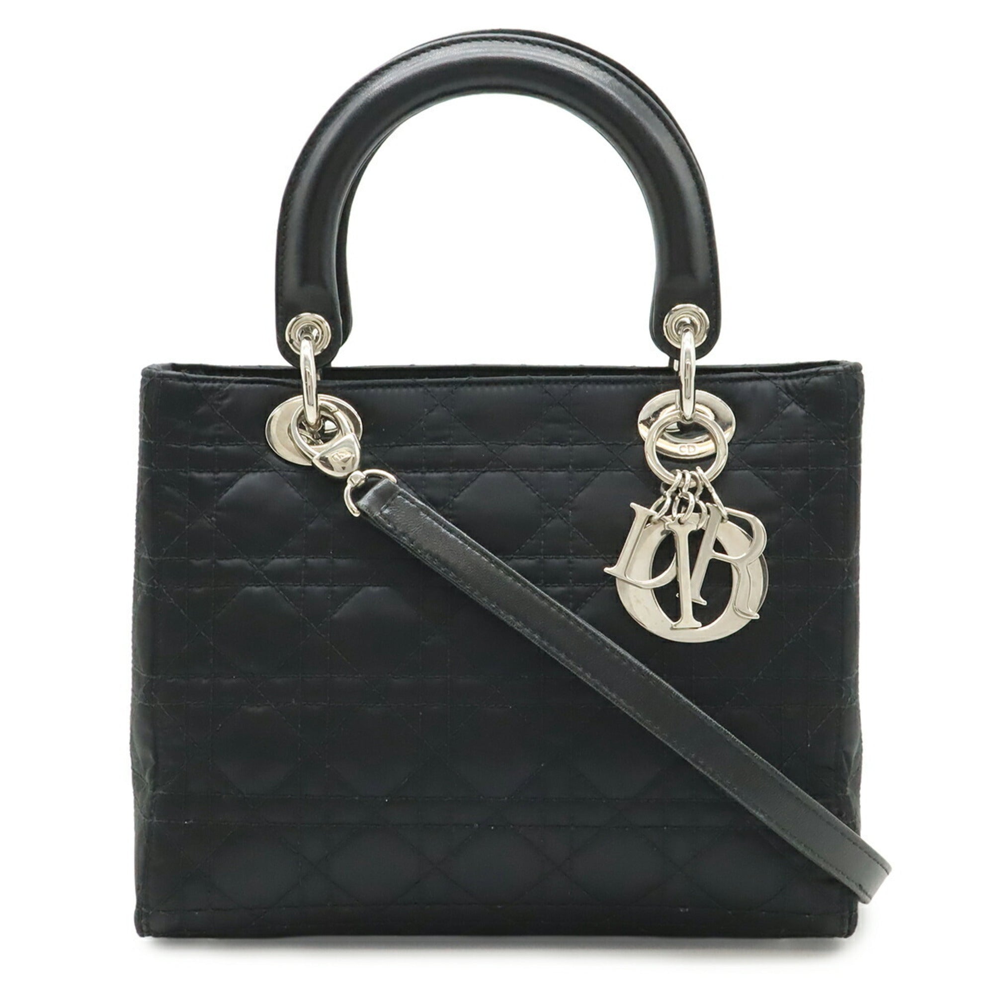 Christian Dior Lady Dior Black Satin Leather Handbag Shoulder Bag (Pre-Owned)