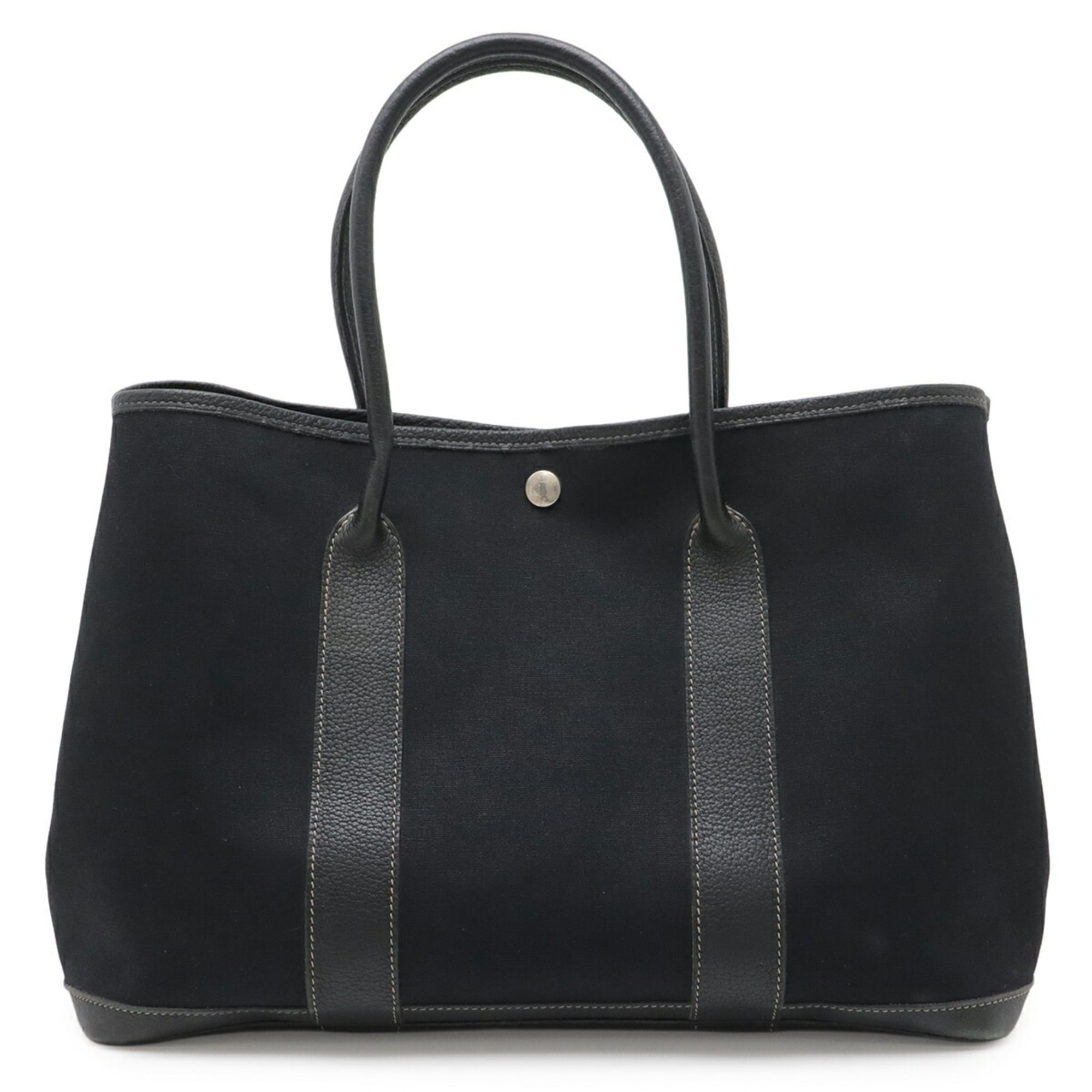 Hermes Garden Black Toile Officier Leather Handbag Tote Bag (Pre-Owned)