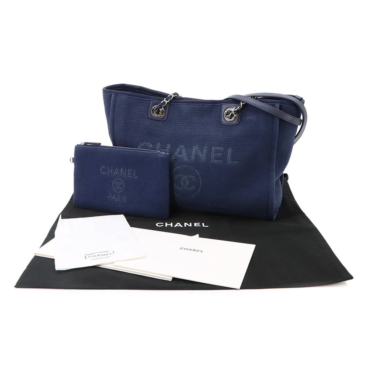 Chanel Navy Canvas Leather Handbag Tote Bag (Pre-Owned)