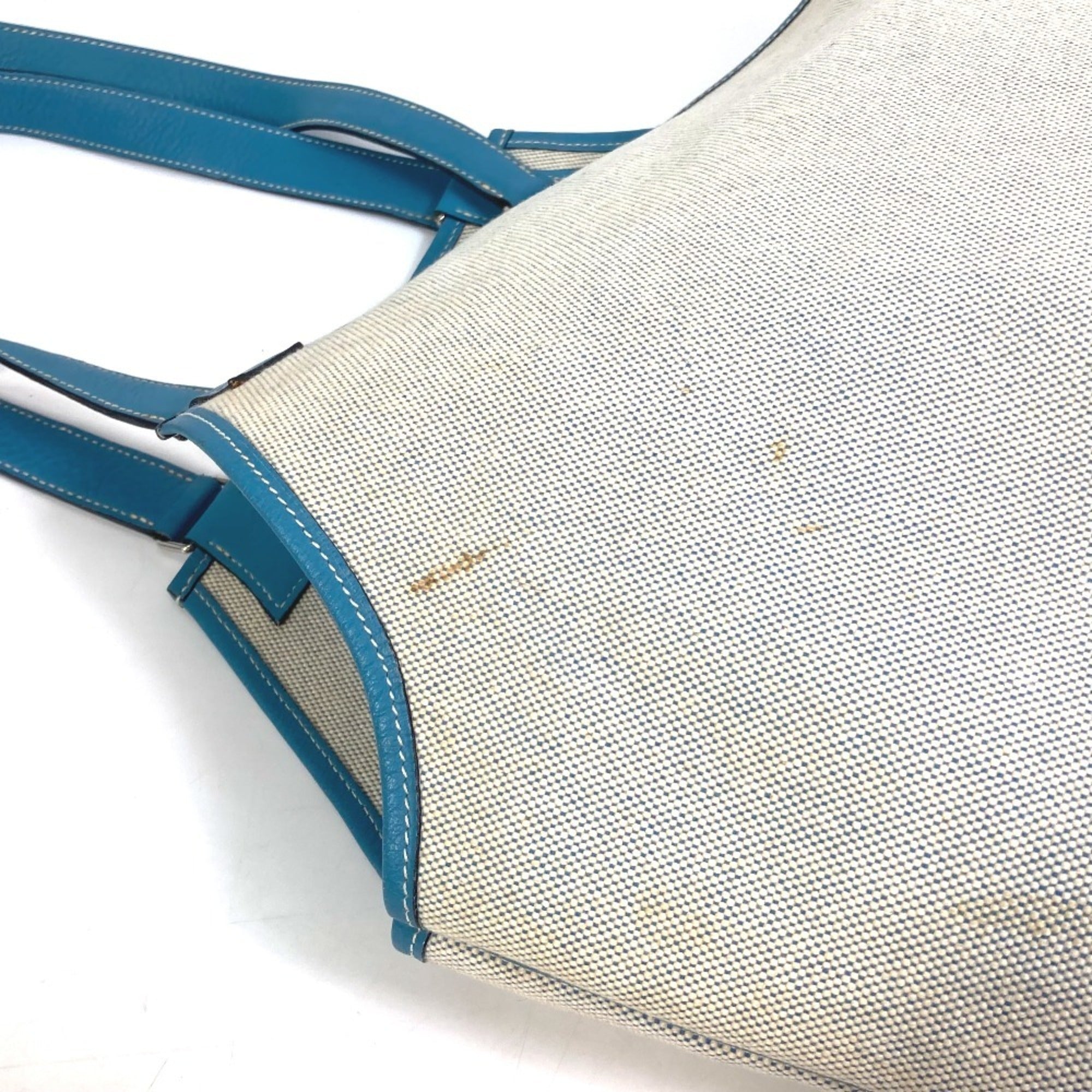 Hermes Jardinier Blue Natural Toile H Taurillon Clemence Leather Shoulder Bag Tote Bag (Pre-Owned)