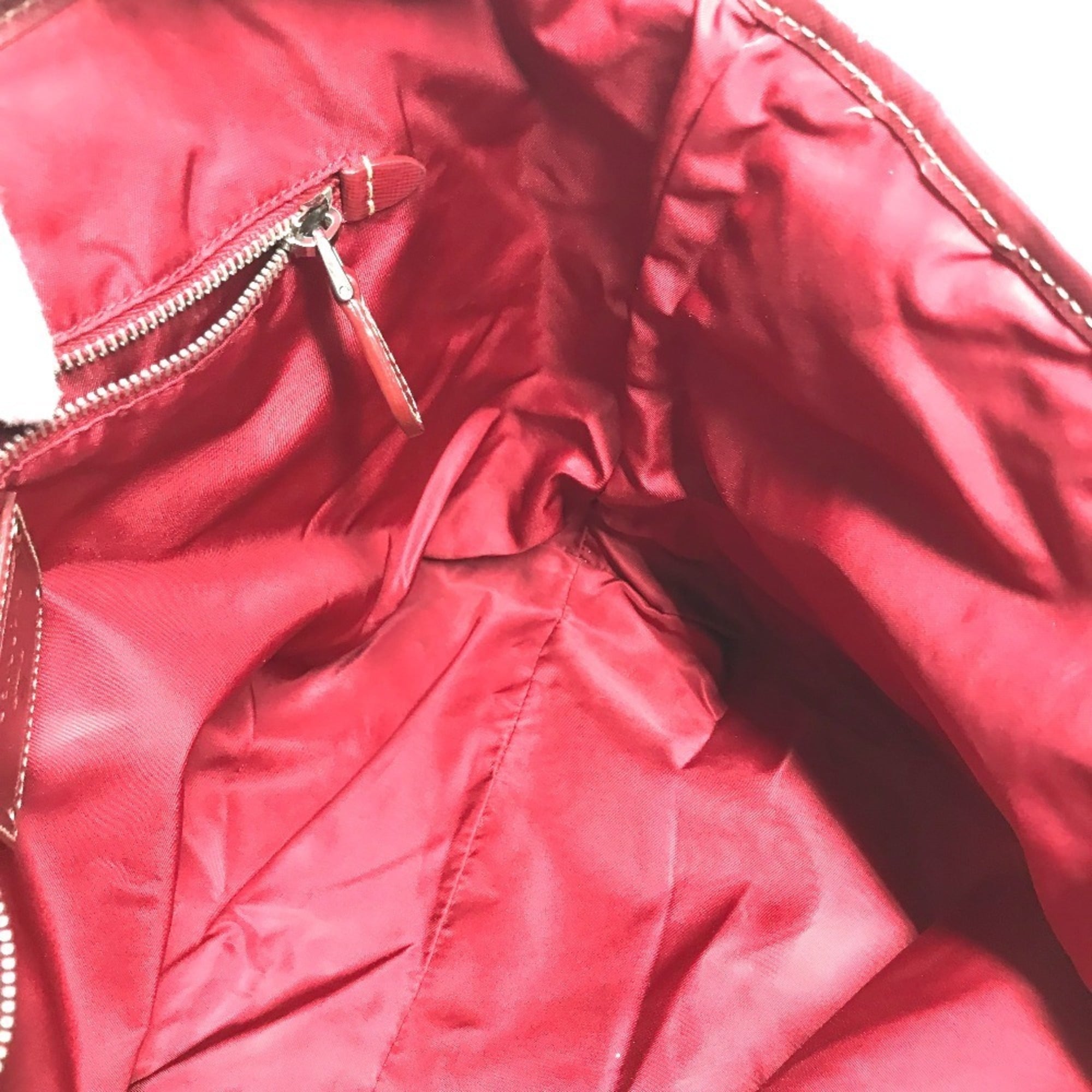 Prada Khaki Red Color Leather Nylon Shoulder Bag Tote Bag (Pre-Owned)