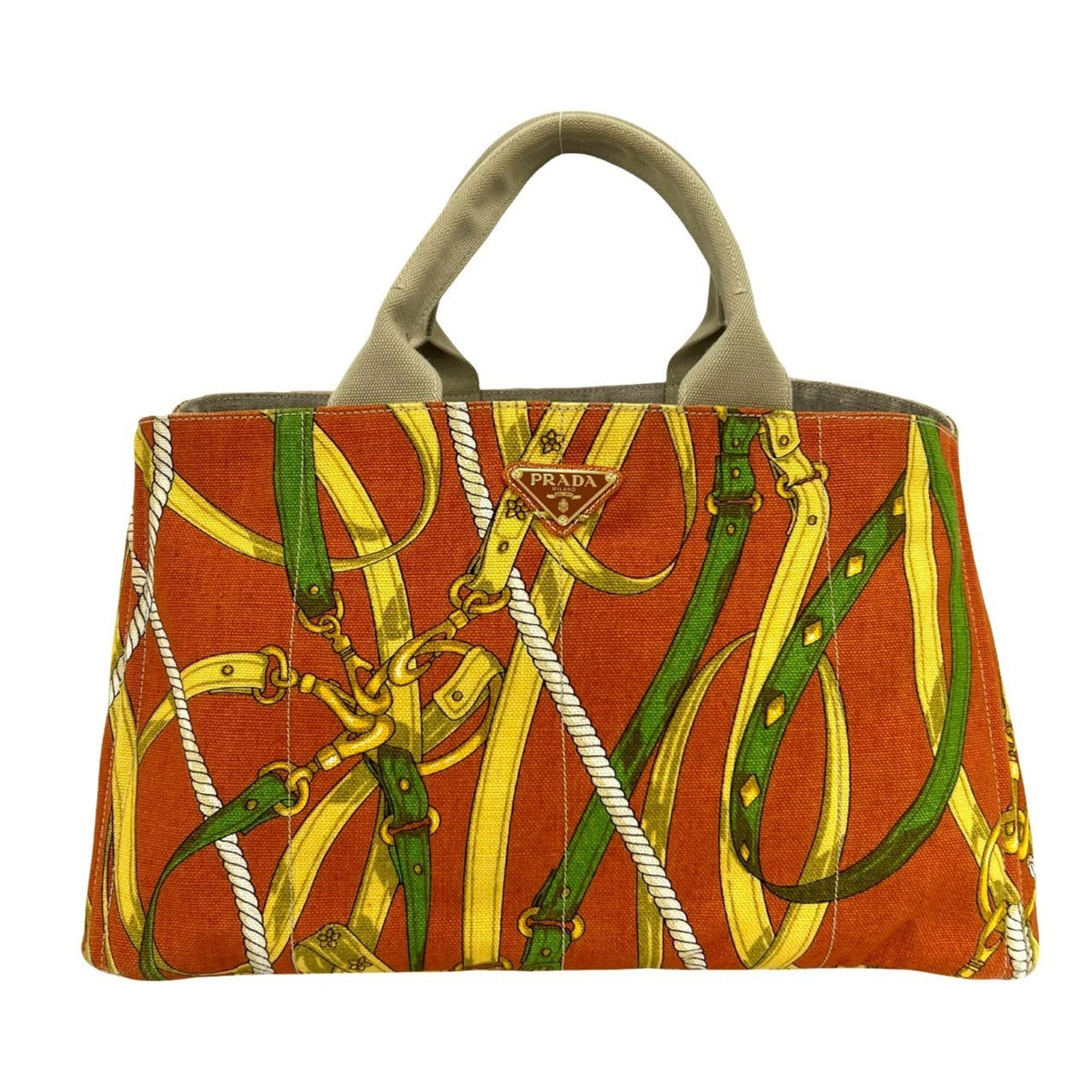 Prada Beige Orange Canvas Handbag Tote Bag (Pre-Owned)