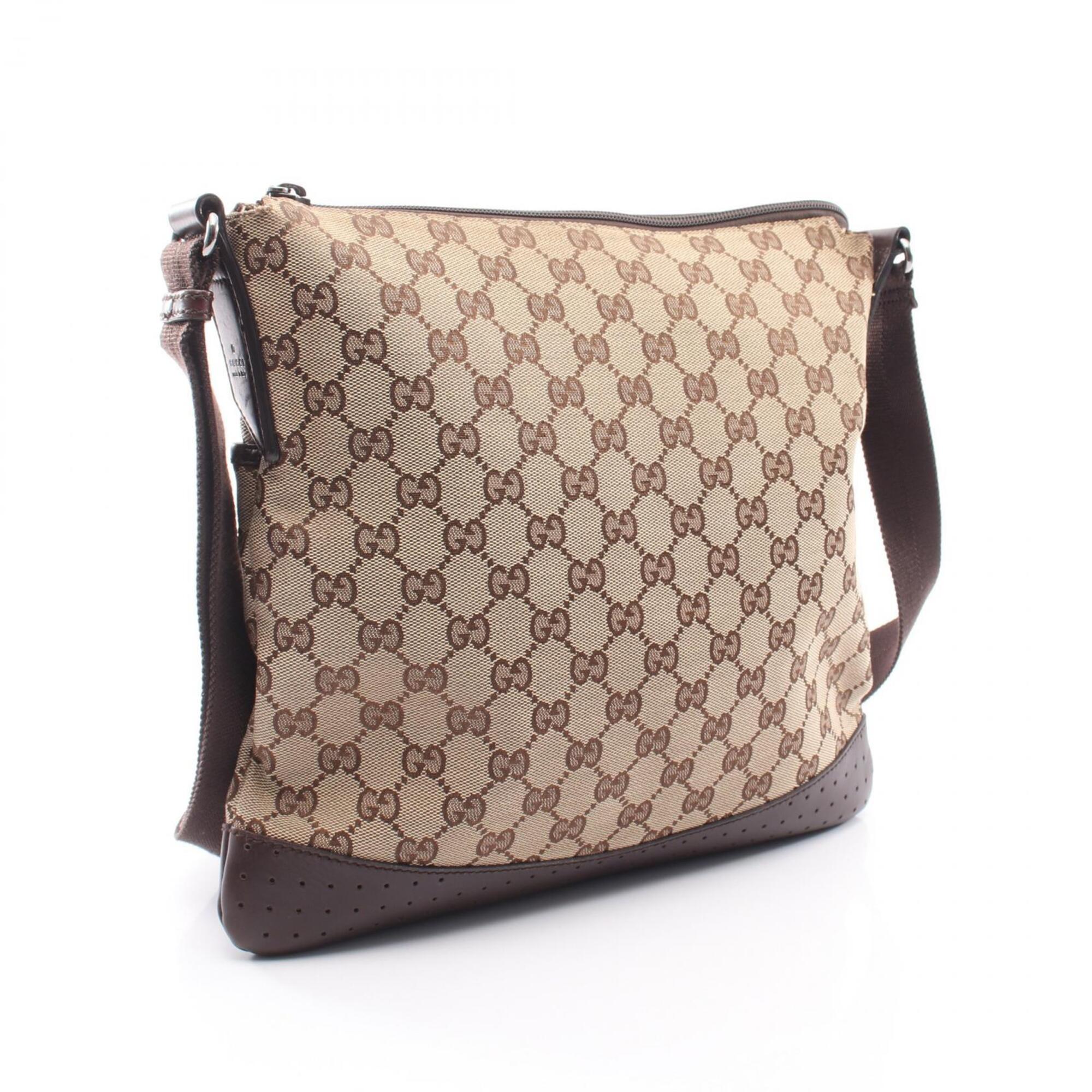 Gucci Beige Brown Canvas Leather Shoulder Bag (Pre-Owned)