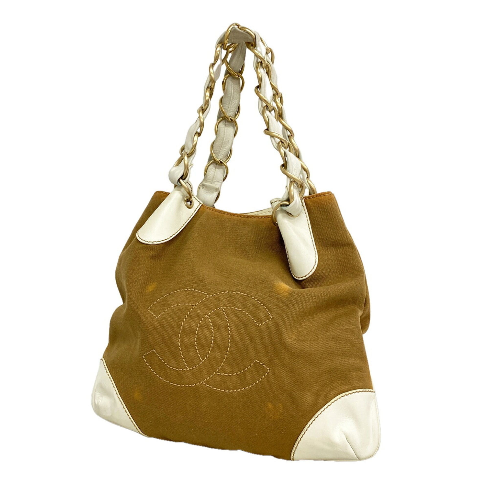 Chanel Beige White Canvas Tote Bag (Pre-Owned)